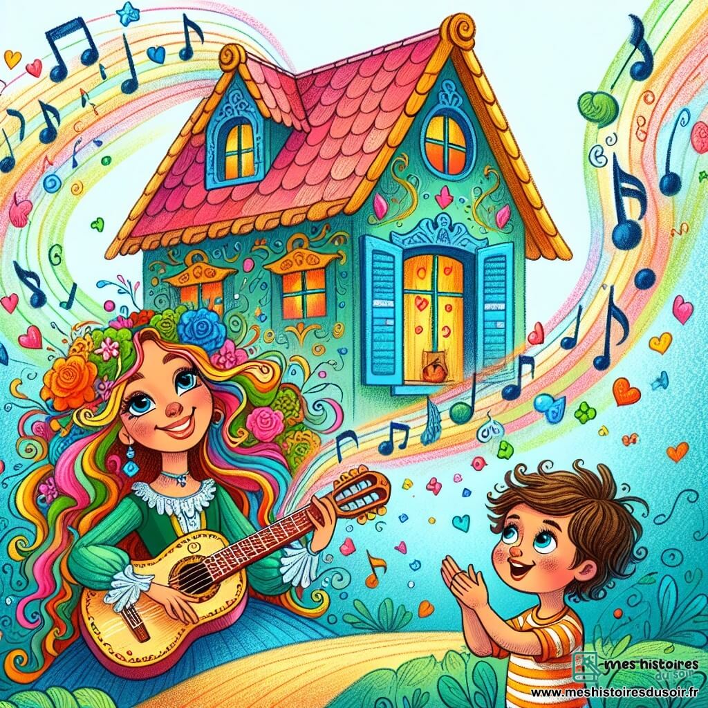 Une illustration sous forme de dessin destinée aux enfants représentant une petite maison colorée avec des fenêtres ouvertes, où une chanteuse aux longs cheveux bouclés et au sourire chaleureux joue de la guitare, entourée de notes de musique flottant dans l'air, tandis qu'un garçon aux yeux pétillants et aux cheveux ébouriffés, plein de curiosité, applaudit avec enthousiasme, capturant l'instant magique où la musique unit les cœurs et inspire des rêves.