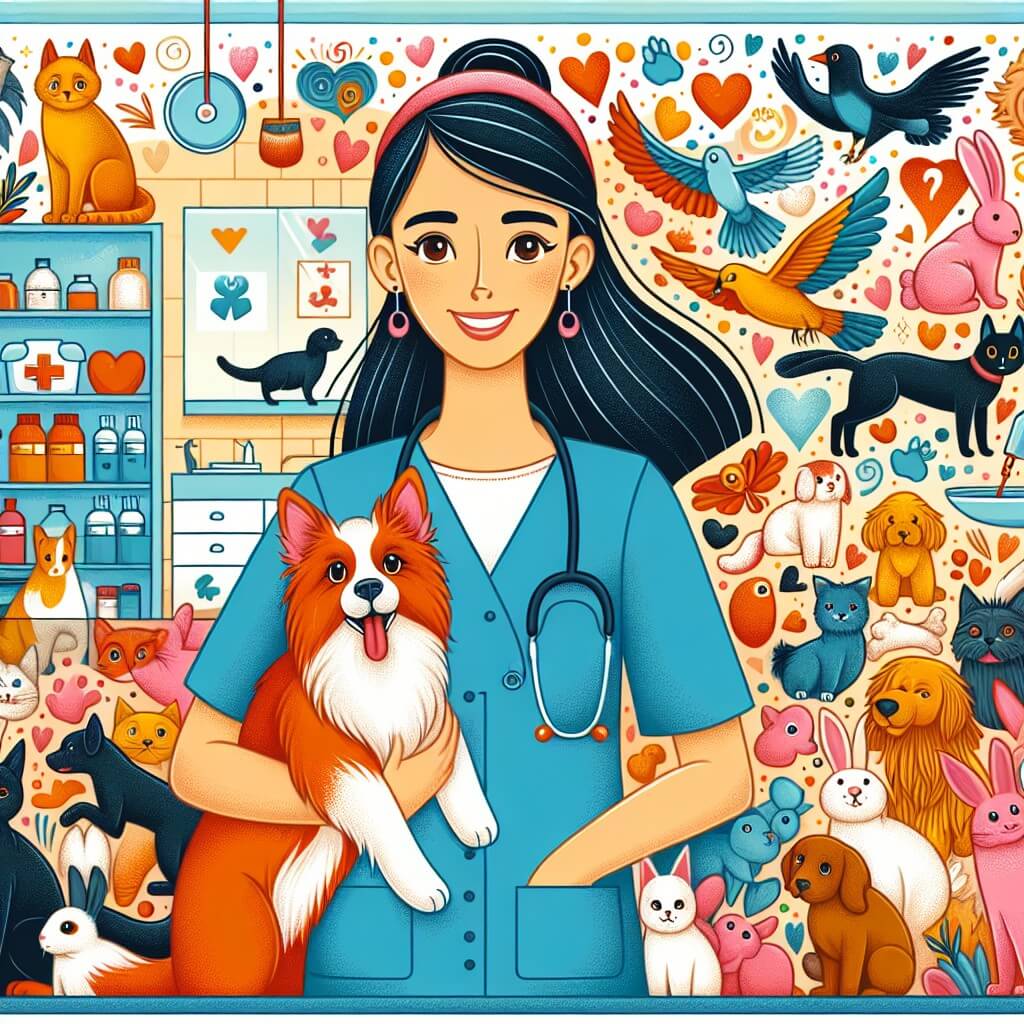 Une illustration destinée aux enfants représentant une vétérinaire passionnée des animaux, accompagnée de son fidèle chien, dans une clinique vétérinaire colorée et chaleureuse, entourée de nombreux animaux heureux et en bonne santé.