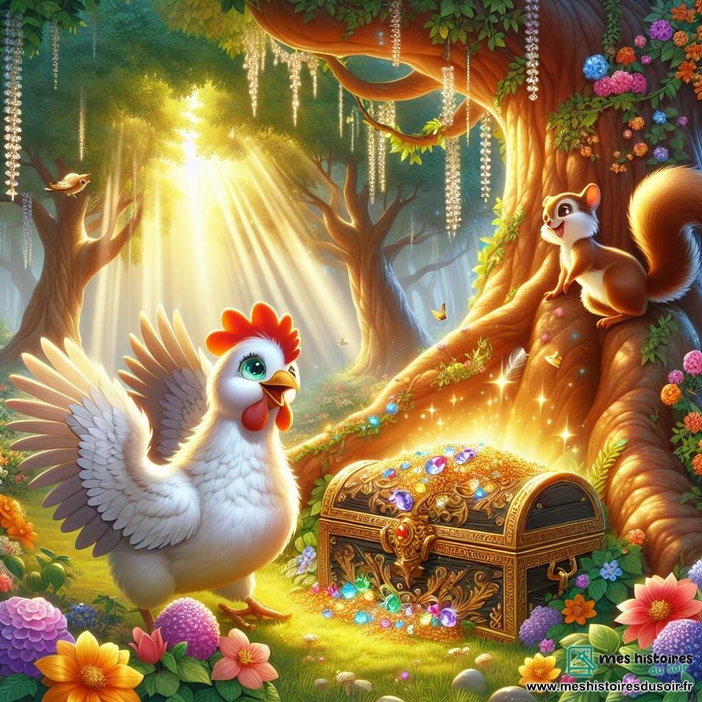 Illustration d'une clairière ensoleillée, entourée d'arbres majestueux. Au centre, un grand arbre aux fleurs colorées, avec un coffre ancien orné de pierres précieuses à ses pieds. Une poule aux plumes blanches et curieuses se tient devant le coffre, tandis qu'un petit écureuil brun grimpe sur une branche pour voir le contenu. La scène évoque magie et aventure, avec des fleurs colorées et des rayons de soleil créant des ombres dansantes. Les personnages expriment joie et émerveillement face à leur découverte.