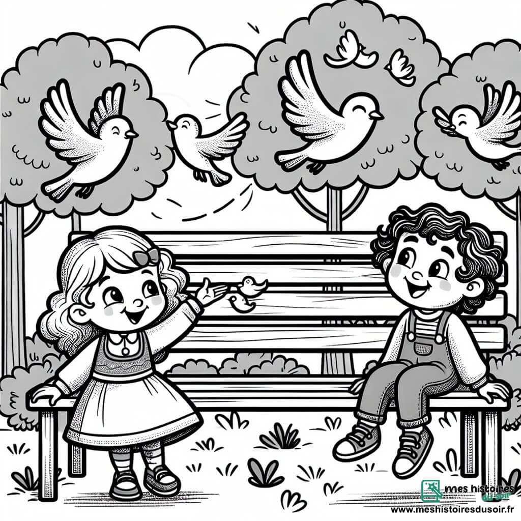 Une illustration destinée aux enfants représentant une fillette curieuse rencontrant une amie à la chevelure bouclée sur un banc au parc, où les oiseaux volent joyeusement.