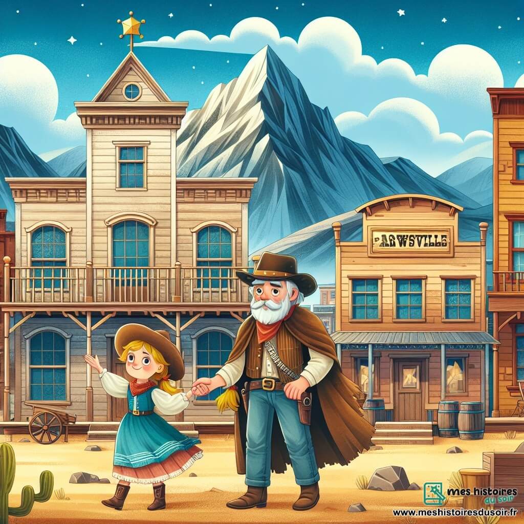 Une illustration destinée aux enfants représentant une courageuse cow-girl faisant respecter la loi dans la ville de Farwestville, aidée par un vieux shérif bienveillant, au cœur d'une ville typique de l'Ouest avec des saloons en bois, des rues poussiéreuses et des montagnes majestueuses en arrière-plan.