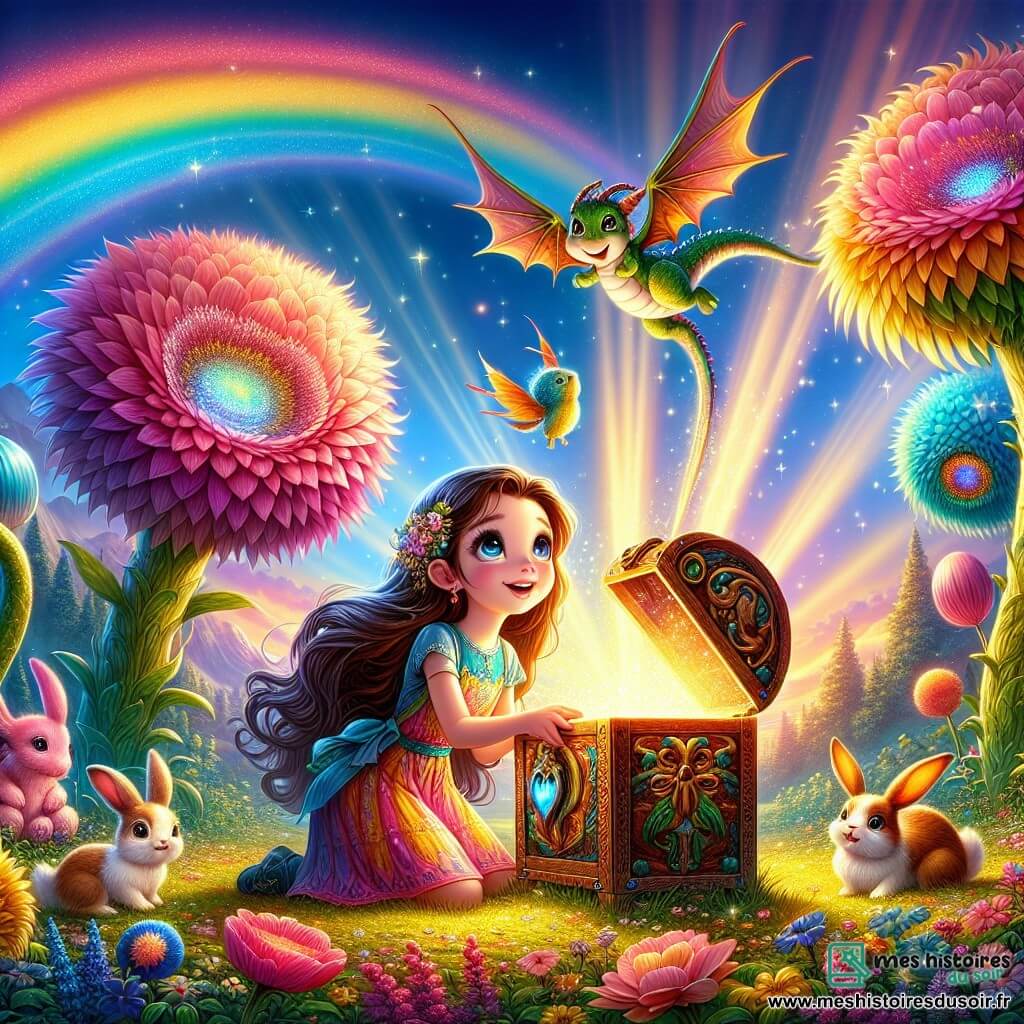 Illustration destinée aux enfants représentant une prairie enchantée baignée de couleurs éclatantes, où de grandes fleurs scintillantes dansent sous un ciel bleu vif, et un arc-en-ciel s'étend majestueusement à l'horizon. Au centre, une fille de 9 ans, avec de longs cheveux bruns et des yeux pétillants de curiosité, porte une robe colorée et s'agenouille devant un petit coffre en bois sculpté, émerveillée par la lumière qui en émane. À ses côtés, un petit dragon aux écailles multicolores, flottant joyeusement dans les airs, sourit avec des yeux brillants, prêt à l'accompagner dans son aventure. L'atmosphère est magique, remplie de joie et d'émerveillement, tandis que des créatures fantastiques, comme des lapins aux oreilles géantes et des oiseaux chanteurs, ajoutent une touche de vie et de couleur à cette scène féerique.