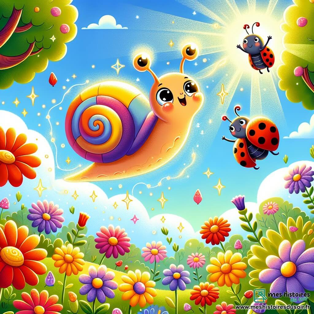 Illustration d'un jardin ensoleillé, rempli de fleurs colorées aux pétales éclatants de rouge, jaune et violet. Au centre, un petit escargot à la coquille brillante et rayée, souriant joyeusement, flotte dans les airs, entouré de petites étincelles magiques. Une coccinelle aux ailes rouges à pois noirs l'observe avec des yeux pétillants, ses petites pattes agitées d'excitation. Le ciel est bleu éclatant, parsemé de nuages blancs duveteux, et un doux vent fait danser les feuilles des arbres. L'escargot semble émerveillé par sa nouvelle aventure, tandis que la coccinelle applaudit avec enthousiasme.