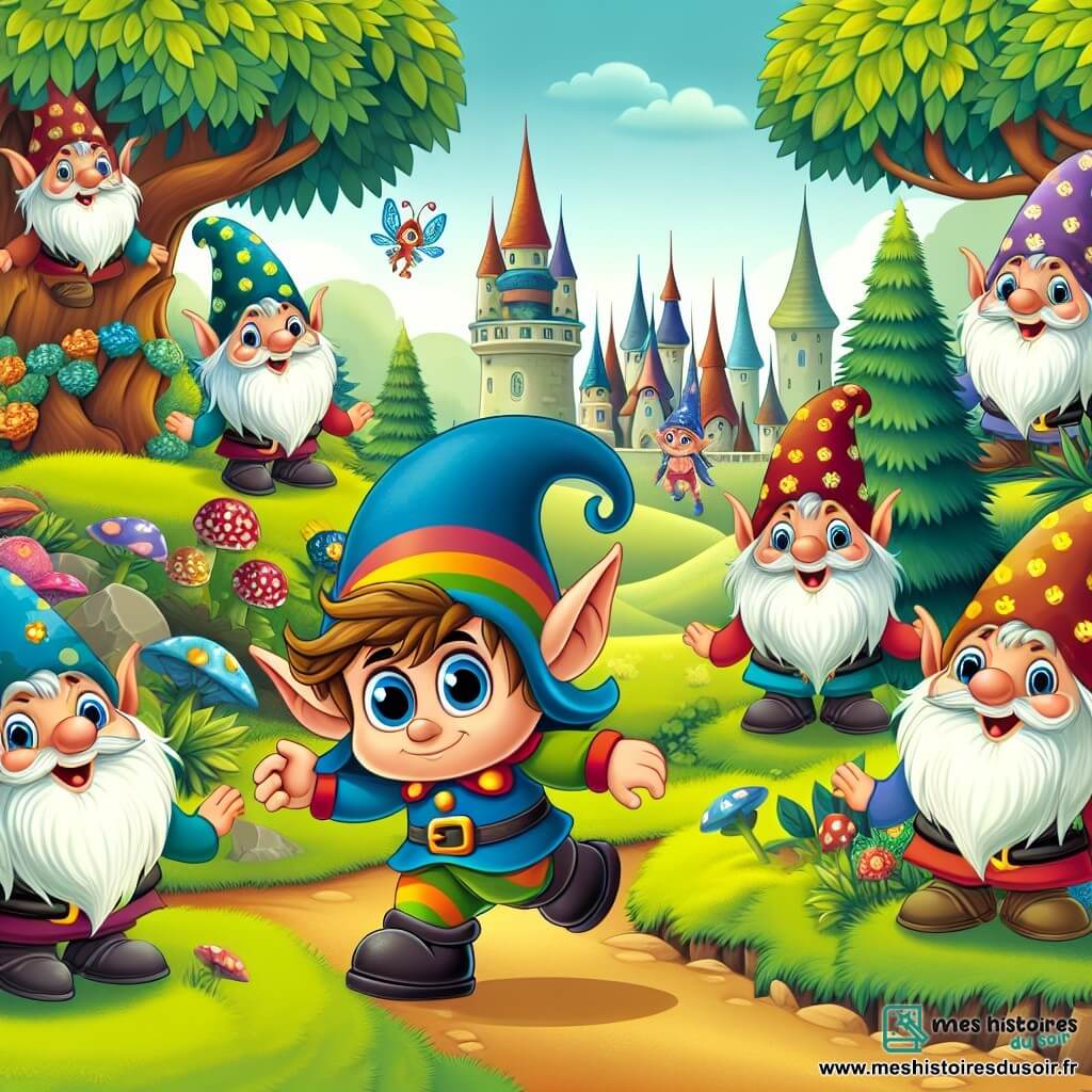 Une illustration destinée aux enfants représentant un petit monstre farceur découvrant une clairière enchantée pleine de lutins rigolos aux cheveux multicolores dans la ville magique de Monstropolis, où règnent la joie et la magie.