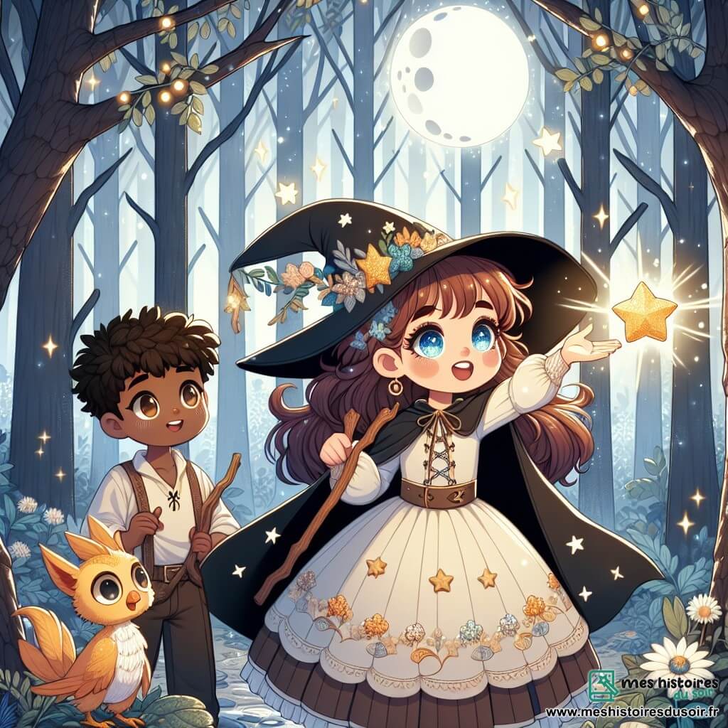 Une illustration sous forme de dessin destinée aux enfants représentant une forêt enchantée, avec des arbres aux feuilles scintillantes et des rayons de lune filtrant à travers les branches, où une jeune fille aux cheveux châtains et aux yeux pétillants, vêtue d'une robe de sorcière ornée d'étoiles, lève sa main pour faire flotter une pierre lumineuse, tandis qu'à ses côtés, un garçon aux cheveux blonds ébouriffés, armé d'un bâton en bois, regarde avec émerveillement, et un dragon aux écailles dorées, sous sa forme humaine, les observe avec gratitude, symbolisant l'union de la magie et de l'amitié dans leur quête pour briser une malédiction.