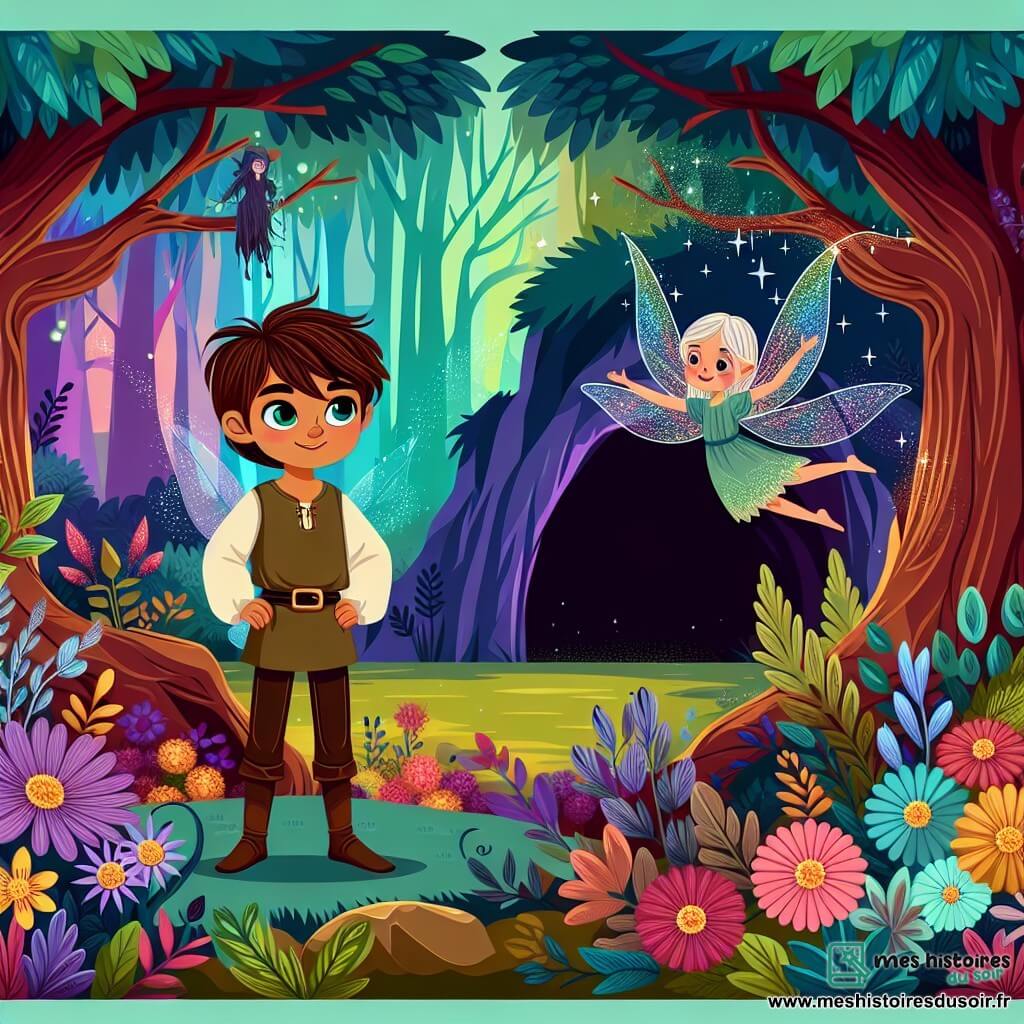 Une illustration sous forme de dessin destinée aux enfants représentant une forêt enchantée aux arbres majestueux et aux fleurs multicolores, où un jeune homme aux cheveux châtains et aux yeux pétillants, vêtu d'une tunique simple, se tient courageusement devant une grotte sombre, tandis qu'une fée aux ailes translucides et scintillantes, flottant près de lui, l'encourage avec un sourire, alors qu'ils s'apprêtent à affronter la sorcière maléfique qui a volé le Cœur de Luminara, symbolisant la magie et l'espoir du royaume.