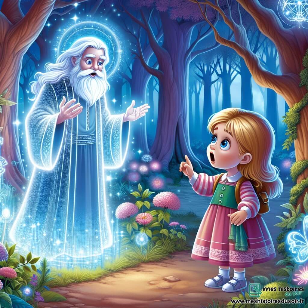Une illustration destinée aux enfants représentant une fillette émerveillée par une découverte mystérieuse, accompagnée d'un hologramme bienveillant, dans une forêt enchantée aux arbres majestueux et aux fleurs lumineuses.