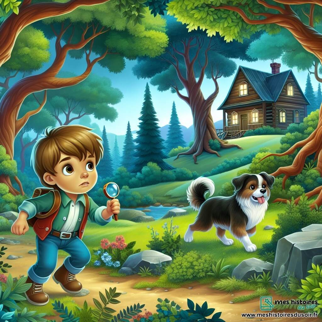 Une illustration destinée aux enfants représentant un jeune garçon curieux cherchant son jouet perdu, accompagné de son fidèle chien, explorant un parc verdoyant avec des arbres majestueux et une cabane mystérieuse au fond, où se cache le mystère.
