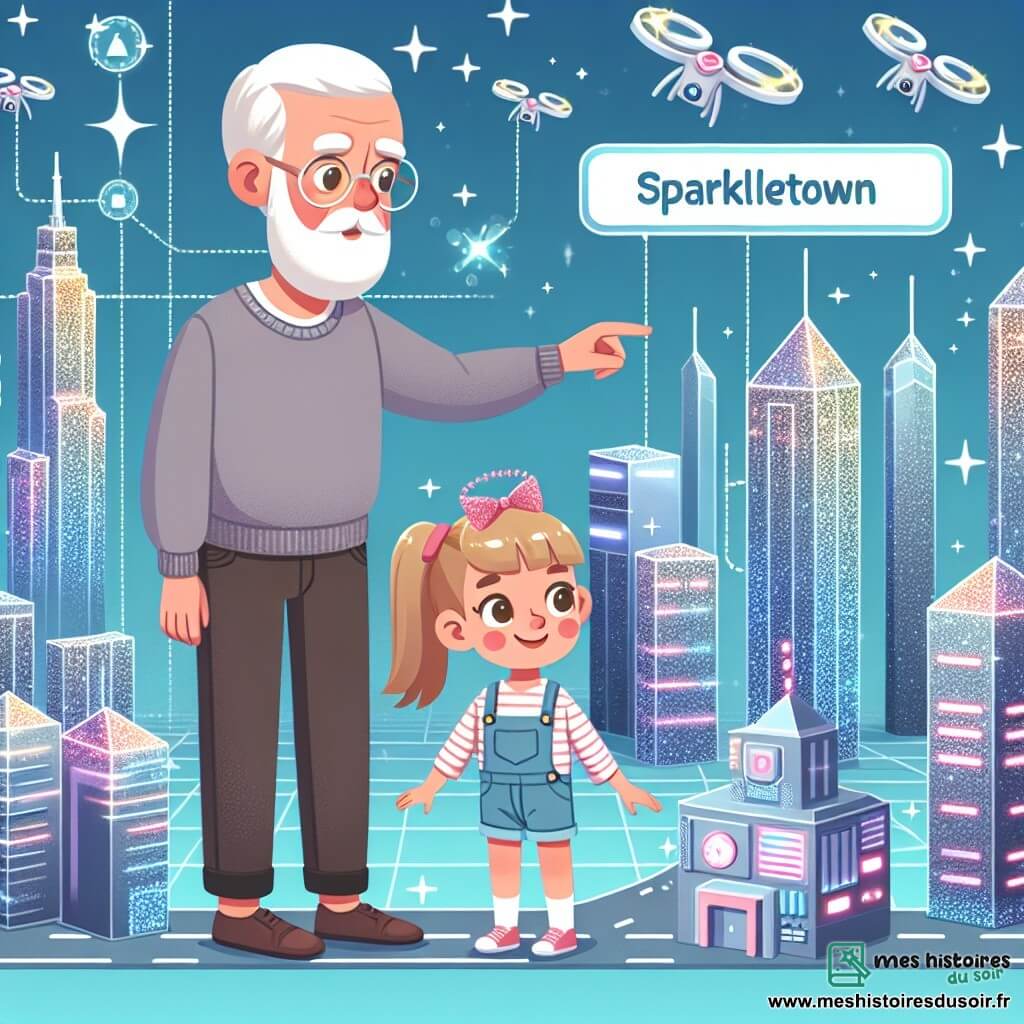Une illustration destinée aux enfants représentant une jeune fille curieuse évoluant dans une ville futuriste, accompagnée d'un vieil homme sage, au cœur d'Éclatéria, une cité aux buildings scintillants et aux drones volant dans les airs.