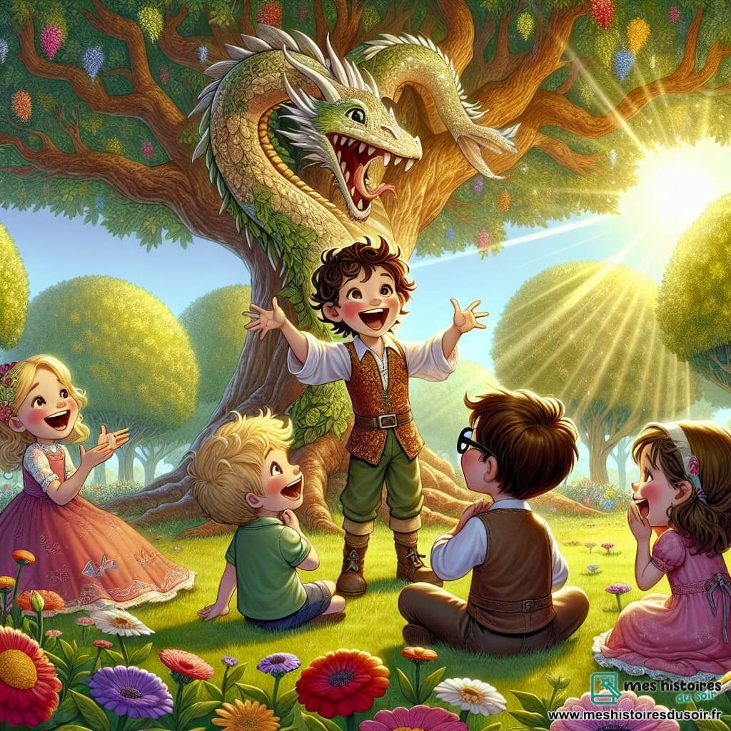 Illustration d'un parc ensoleillé, animé par de grands arbres aux feuilles vertes et des fleurs colorées. Au centre, un petit garçon de cinq ans, cheveux bruns en boucles et sourire éclatant, se tient debout, les bras écartés, comme s'il racontait une histoire incroyable à ses amis. Autour de lui, trois enfants : une petite fille de cinq ans aux cheveux blonds en robe rose, un garçon de six ans avec des lunettes et des cheveux châtains qui rit, et une autre petite fille brune, les mains sur les joues, pleine d'excitation. Le garçon raconte une histoire fantastique sur un dragon, tandis que ses amis, captivés, l'écoutent attentivement, leurs visages illuminés par l'imagination. En arrière-plan, un grand chêne filtre les rayons de soleil, créant une ambiance magique et joyeuse.