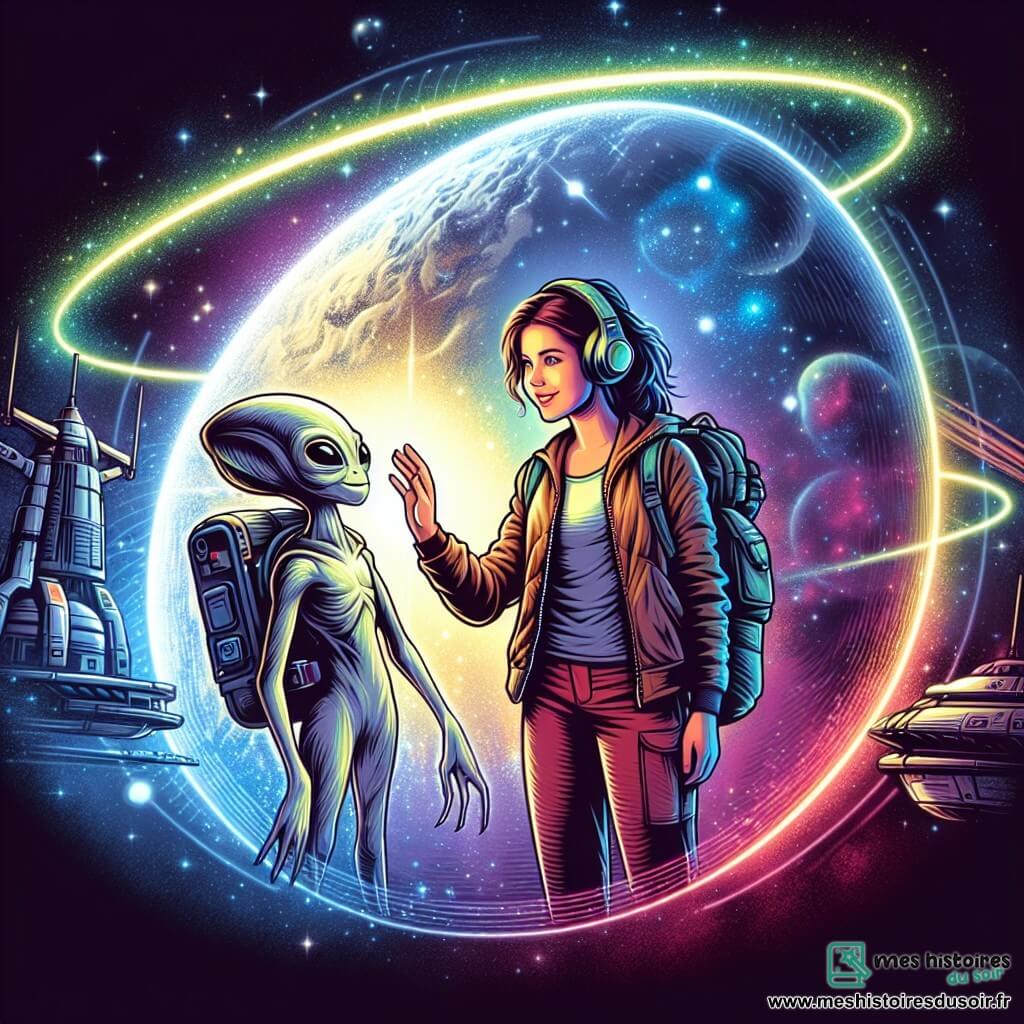 Une illustration destinée aux enfants représentant une jeune femme intrépide, une créature extraterrestre amicale, et une planète mystérieuse entourée d'un halo lumineux aux couleurs éclatantes où se déroule l'aventure de voyages spatiaux.