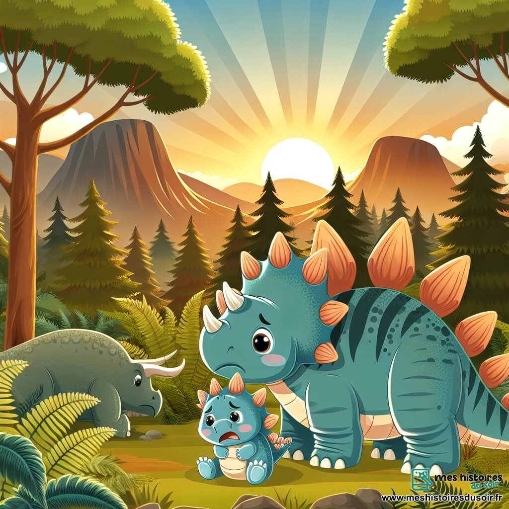 Une illustration destinée aux enfants représentant une jeune stégosaure se réveillant dans la vallée des dinosaures, accompagnée d'un bébé tricératops en détresse, entourés de grandes fougères et d'arbres majestueux baignés par la lumière dorée du soleil levant.