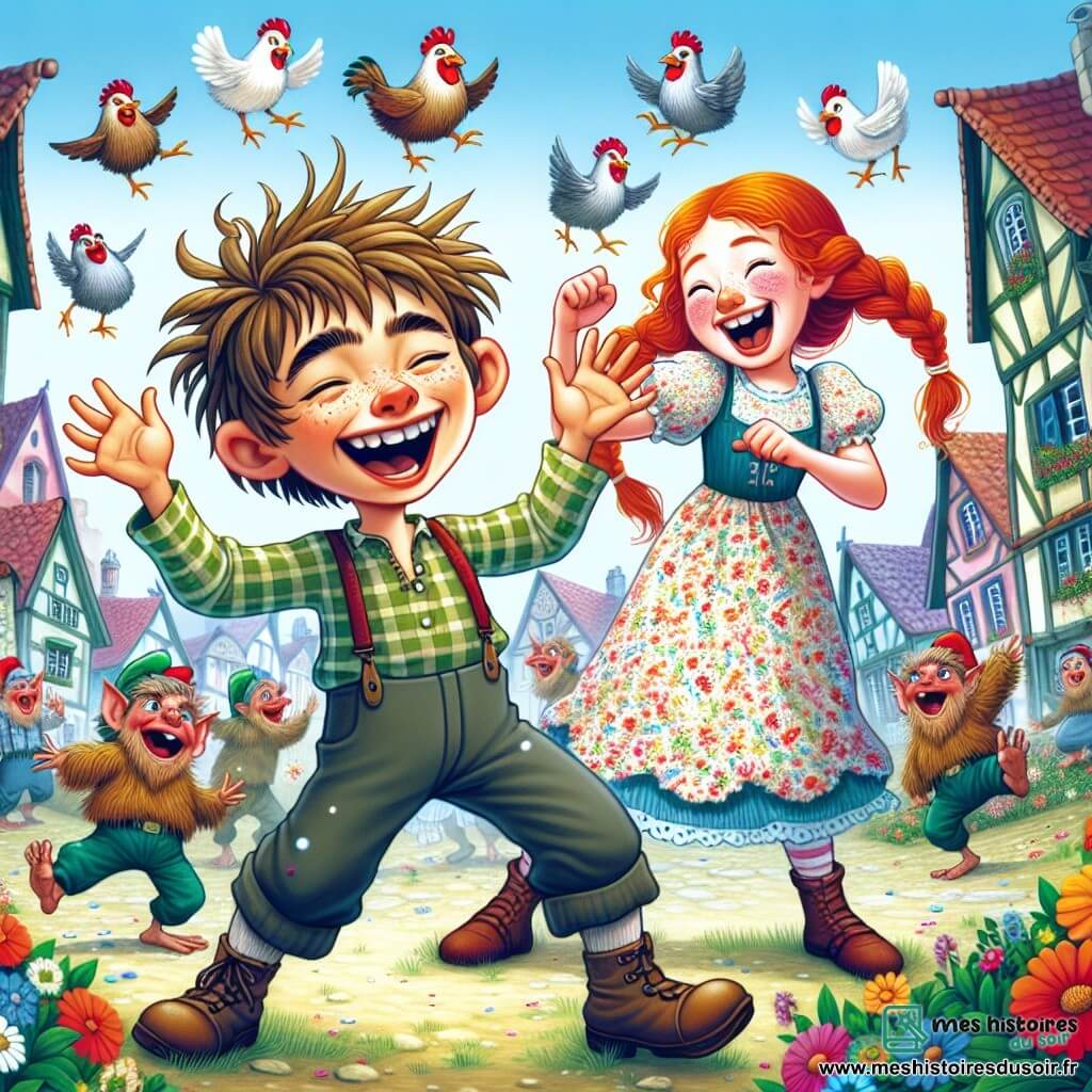 Une illustration sous forme de dessin destinée aux enfants représentant un village pittoresque de Ménil-en-Brouillard, avec des maisons colorées et des fleurs éclatantes, où un garçon de 12 ans aux cheveux en bataille et au sourire contagieux chante joyeusement en dansant, ses bras transformés en plumes de poulet, tandis qu'une fillette rousse à la personnalité pétillante, vêtue d'une robe à fleurs, rit aux éclats et encourage son ami, entourés de gobelins dansants et d'une ambiance festive remplie de magie et de rires.