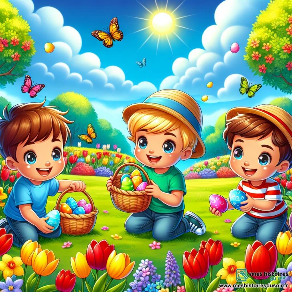 Illustration d'un parc au printemps, rempli de fleurs colorées comme des tulipes rouges et jaunes, des jonquilles et des violettes. Le ciel est bleu, avec des nuages blancs et le soleil brille. Au centre, trois garçons d'environ cinq ans, souriants et pleins d'énergie. Le premier, aux cheveux bruns, porte un chapeau de paille et un t-shirt bleu, accroupi avec un œuf de Pâques bleu. Le deuxième, blond, est debout avec un t-shirt vert, levant les bras avec un œuf jaune dans chaque main. Le troisième, châtain, porte un chapeau rouge et un t-shirt rayé, se penchant pour ramasser un œuf rose. La scène reflète l'excitation des garçons lors d'une chasse aux œufs de Pâques, entourés de fleurs et d'autres enfants. Des paniers colorés sont sur l'herbe, remplis d'œufs, tandis que des papillons volent, ajoutant de la magie à ce moment printanier.
