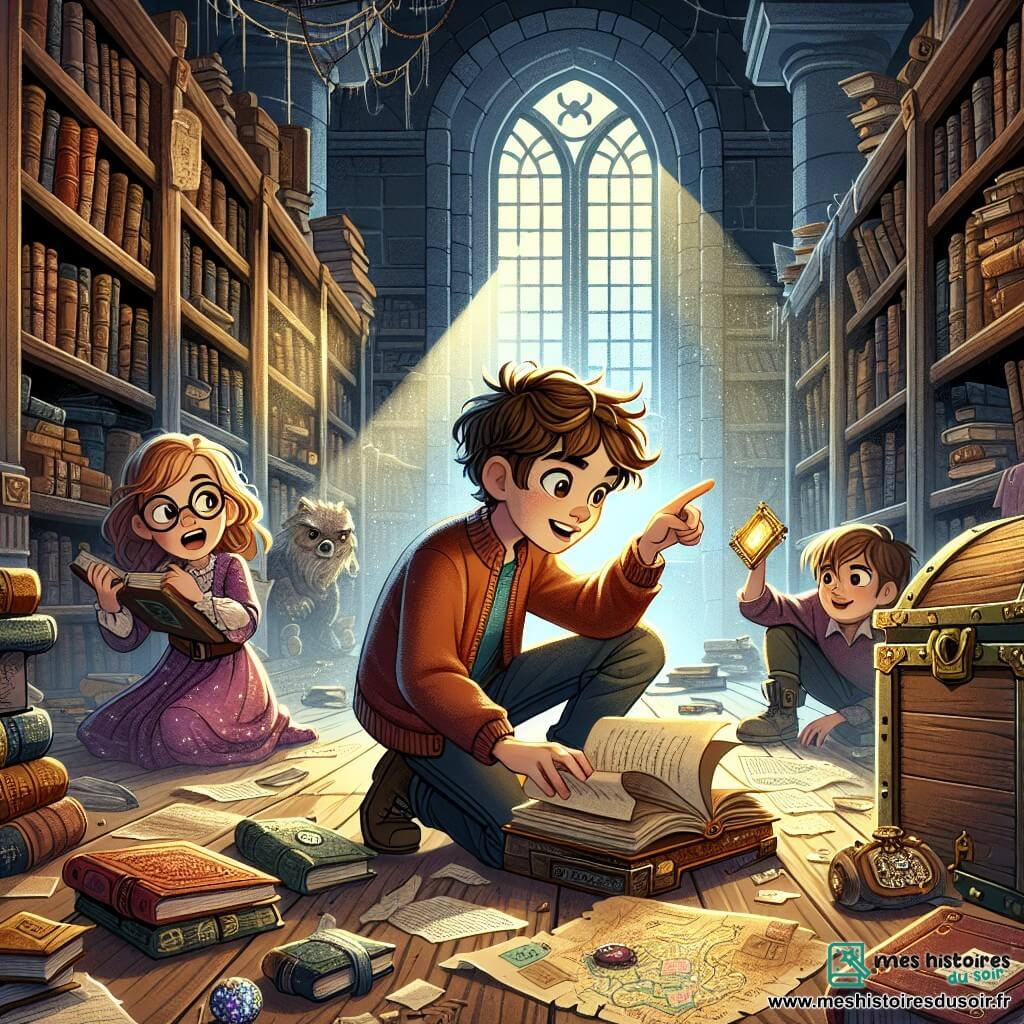 Illustration d'une scène dans une vieille bibliothèque poussiéreuse, avec des étagères en bois sombre remplies de livres anciens aux couvertures colorées. La lumière douce filtre à travers de grandes fenêtres, créant des ombres mystérieuses sur le sol en bois. Au centre, un garçon d’environ 10 ans, avec des cheveux ébouriffés et des yeux pétillants de curiosité, est accroupi, feuilletant un livre ancien. À côté de lui, une fille d’environ 9 ans, portant des lunettes rondes et une robe colorée, pointe un doigt excité vers une carte jaunie qu’elle tient. Un autre garçon de 10 ans, avec des cheveux bruns et un sourire malicieux, observe un vieux coffre en bois, intrigué. Les trois amis enquêtent sur un mystérieux vol d’objets précieux, entourés de feuilles de papier, lettres anciennes et un médaillon scintillant, ajoutant une touche d’aventure. Des toiles d'araignées et de la poussière renforcent le mystère de la bibliothèque, tandis qu'un chat noir se faufile entre les étagères, ajoutant une touche de magie.