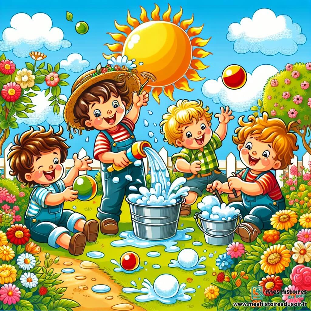 Une illustration sous forme de dessin destinée aux enfants représentant un jardin ensoleillé rempli de fleurs colorées, où un groupe de quatre enfants de 7 ans, deux garçons aux cheveux châtains et un garçon aux cheveux blonds, ainsi qu'une fille aux cheveux bouclés et bruns, s'entraîne joyeusement à réaliser un numéro de magie comique, jonglant maladroitement avec des balles en mousse et éclaboussant de l'eau d'un seau, tandis qu'un chapeau de paille s'envole au vent, créant une scène pleine de rires et de camaraderie.