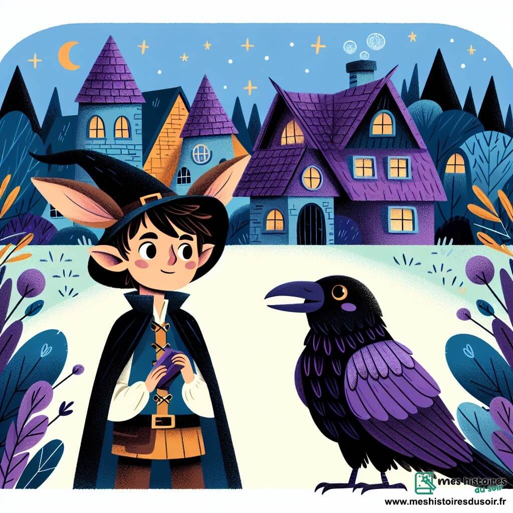 Une illustration destinée aux enfants représentant un jeune garçon, apprenti sorcier, aux oreilles d'âne, accompagné d'un corbeau bavard, se trouvant devant une maison aux toits violet et aux fenêtres en forme d'étoiles, dans le village reculé de Féerieville.