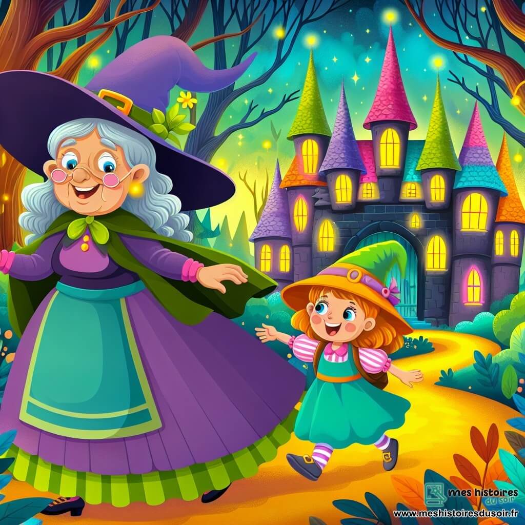 Une illustration destinée aux enfants représentant une apprentie sorcière pleine d'énergie, accompagnée d'une sorcière excentrique, évoluant dans une mystérieuse demeure colorée cachée au cœur d'une forêt enchantée.