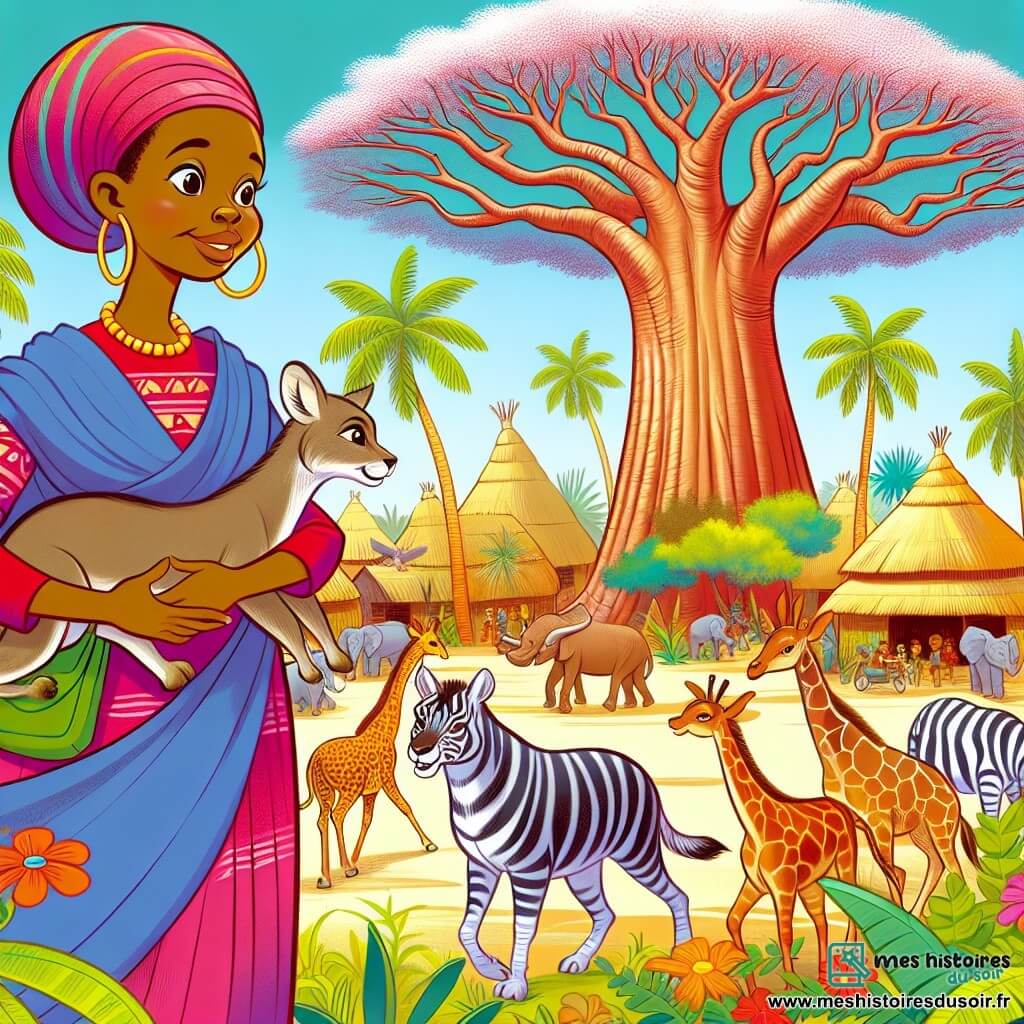 Une illustration destinée aux enfants représentant une femme courageuse et bienveillante, entourée d'animaux fascinants, dans un village africain vibrant de couleurs, au pied d'un majestueux baobab.