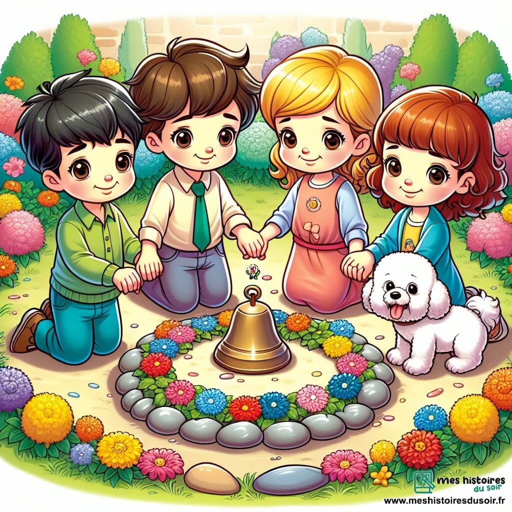 Une illustration sous forme de dessin destinée aux enfants représentant un jardin coloré rempli de fleurs éclatantes et de pierres décoratives, où un groupe de quatre enfants de 7 ans, deux garçons aux cheveux bruns et blonds, et deux filles aux cheveux châtains et roux, se tiennent la main en cercle autour d'une petite cloche brillante, avec des sourires nostalgiques sur leurs visages, tandis qu'un adorable bichon frisé enjoué, symbolisant leur ami perdu, semble les observer depuis un coin du jardin, créant une atmosphère douce et réconfortante de souvenirs partagés et d'amitié éternelle.