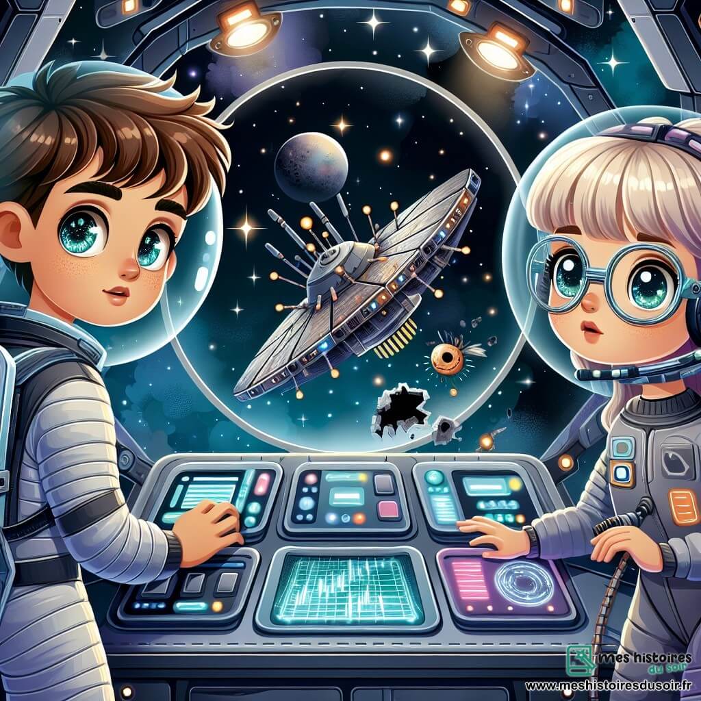 Une illustration sous forme de dessin destinée aux enfants représentant une station spatiale futuriste flottant dans l'immensité de l'espace, avec un homme aux cheveux bruns et aux yeux pétillants, vêtu d'un scaphandre argenté, en train de réparer un panneau de communication, tandis qu'une femme aux cheveux blonds et aux lunettes futuristes observe attentivement depuis le poste de contrôle, entourée de consoles lumineuses, alors qu'une sonde extraterrestre endommagée dérive à l'extérieur, symbolisant une rencontre interstellaire pleine de promesses et de découvertes.