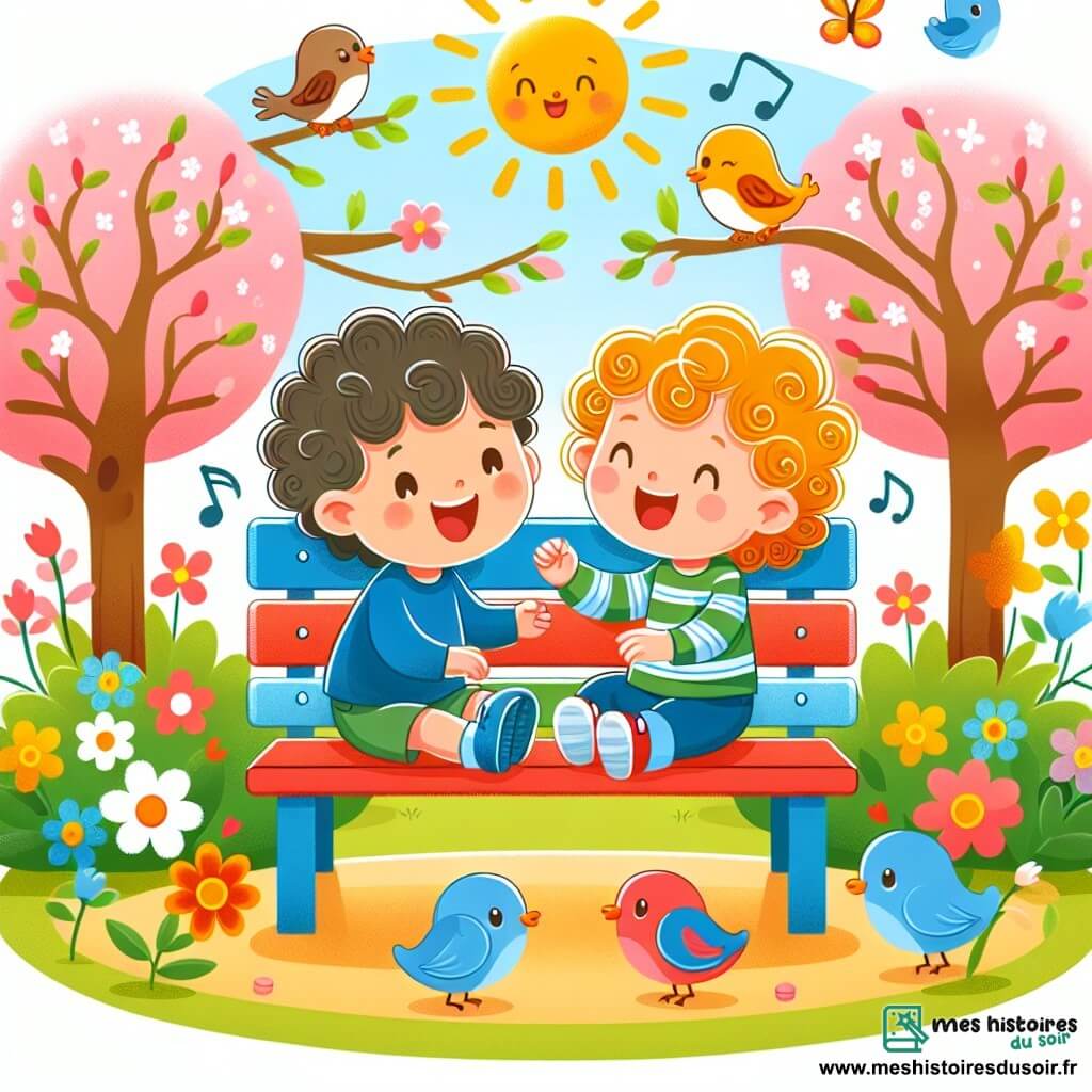 Une illustration destinée aux enfants représentant un petit garçon aux cheveux bouclés jouant joyeusement avec un autre enfant sur un banc coloré, entourés d'arbres fleuris et d'oiseaux chantants, dans un parc ensoleillé et accueillant.