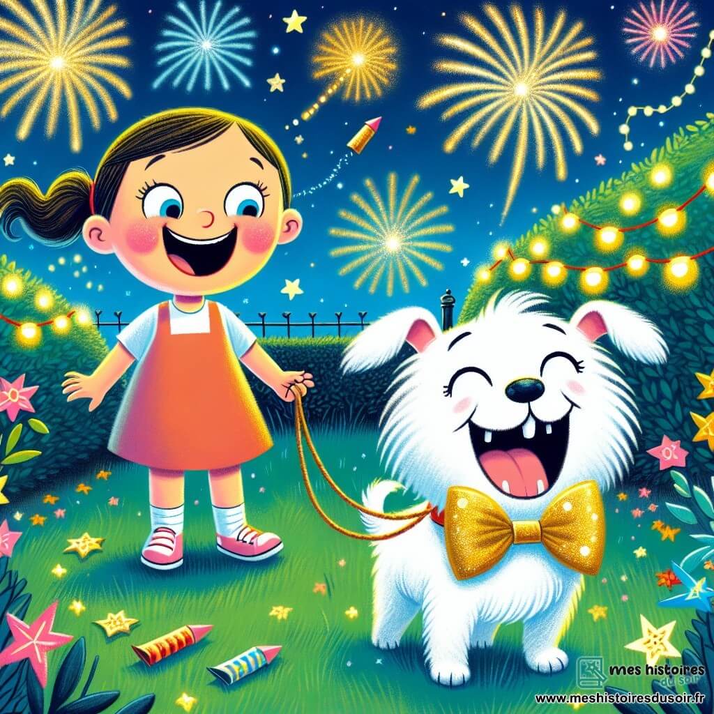 Une illustration destinée aux enfants représentant une fillette rayonnante de bonheur découvrant un chien rigolo tout blanc avec un nœud papillon doré autour du cou, dans un jardin scintillant de guirlandes lumineuses et de feux d'artifice.