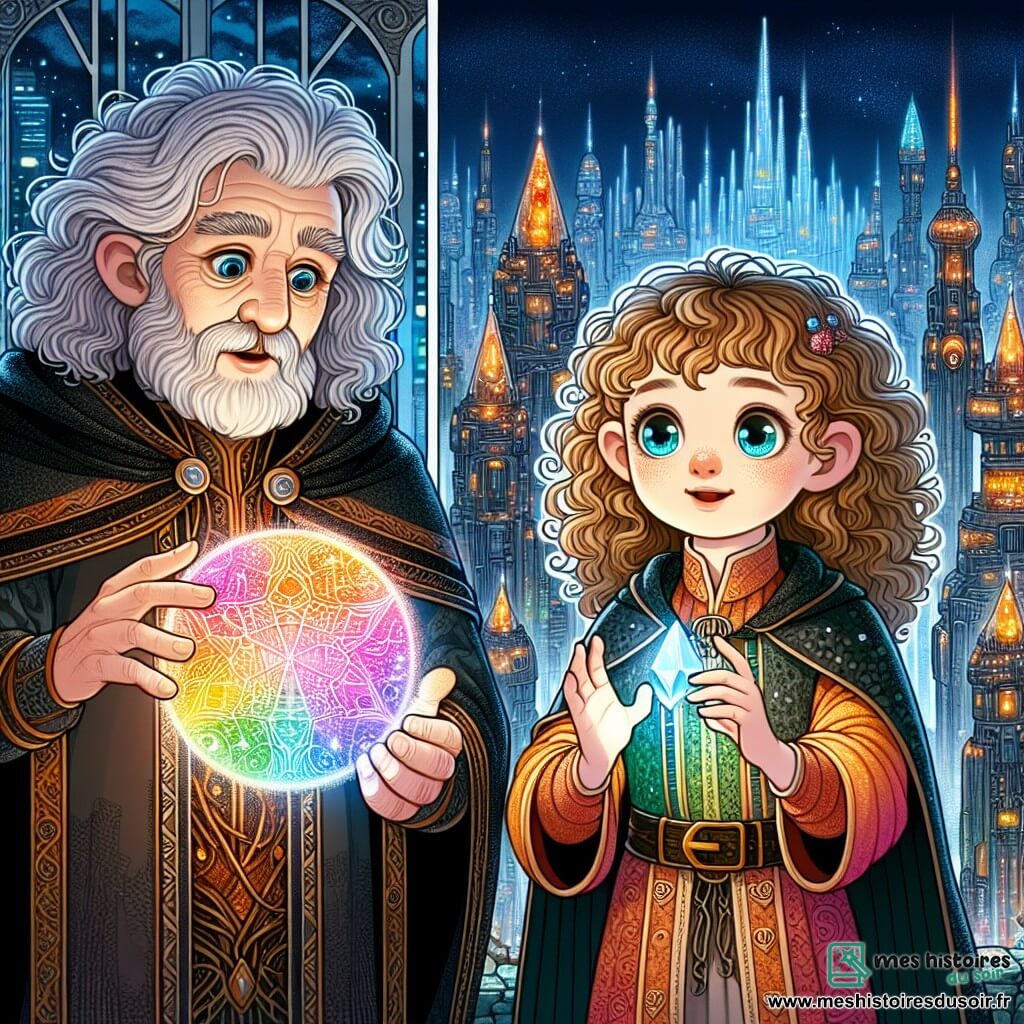 Une illustration sous forme de dessin destinée aux enfants représentant une ville futuriste nommée Valethar, où des bâtiments en métal scintillant côtoient des ruines anciennes, avec une fille de 11 ans aux cheveux bouclés et aux yeux pétillants, vêtue d'une tunique colorée, tenant un cristal lumineux dans ses mains, entourée d'un vieil homme à la cape noire, au visage marqué par le temps, qui lui montre un hologramme vibrant de couleurs, alors qu'ils se préparent à affronter des Ombres menaçantes qui émergent des ténèbres, symbolisant la lutte entre la lumière et l'obscurité dans un monde où la magie et la science se rencontrent.
