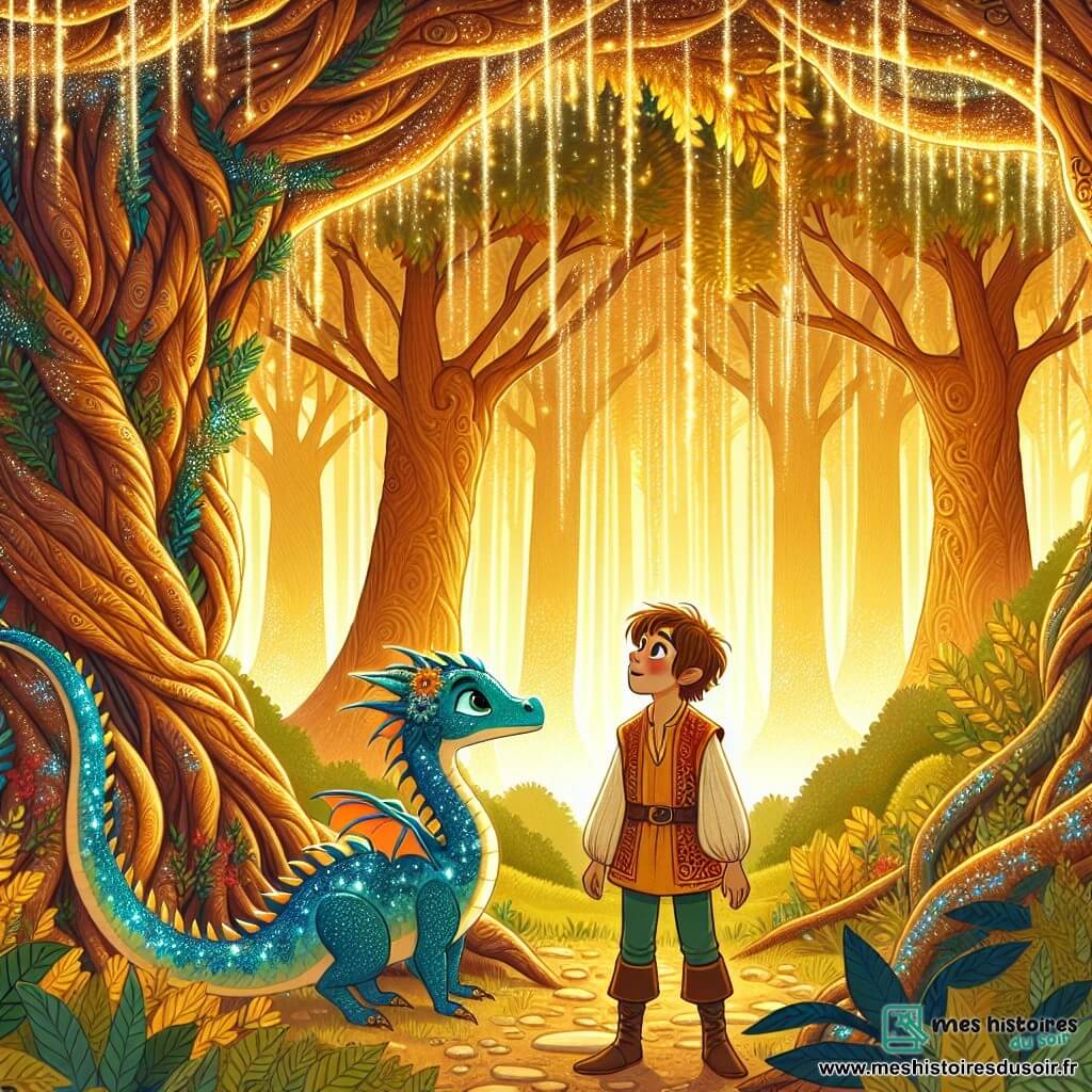 Une illustration sous forme de dessin destinée aux enfants représentant une forêt enchantée, avec des arbres majestueux aux feuilles scintillantes, où un jeune homme aux cheveux châtains et aux yeux pétillants, vêtu d'une tunique colorée, se tient émerveillé devant un immense arbre aux racines serpentines, tandis qu'à ses côtés, un petit dragon bleu aux écailles brillantes et à la couronne de fleurs l'observe avec curiosité, le tout baigné dans une lumière dorée qui évoque la magie et l'aventure.