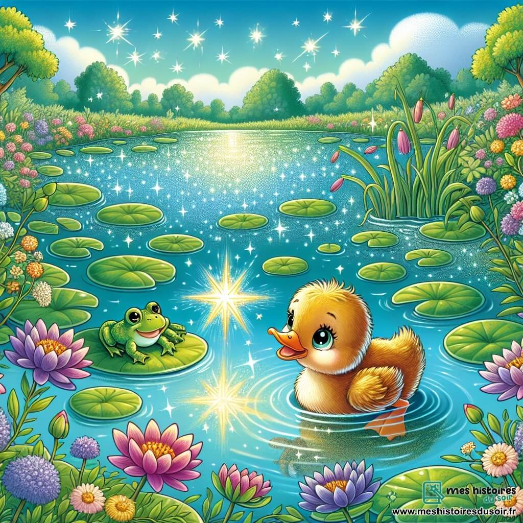 Une illustration sous forme de dessin destinée aux enfants représentant un lac étincelant entouré de fleurs sauvages et de nénuphars, où un petit canard au plumage doré et brillant, aux yeux pétillants de curiosité, nage avec enthousiasme à la recherche d'une étoile scintillante à la surface de l'eau, tandis que des grenouilles vertes aux yeux ronds l'observent depuis les rives, ajoutant une touche de magie à cette aventure pleine de découvertes et d'amitié.