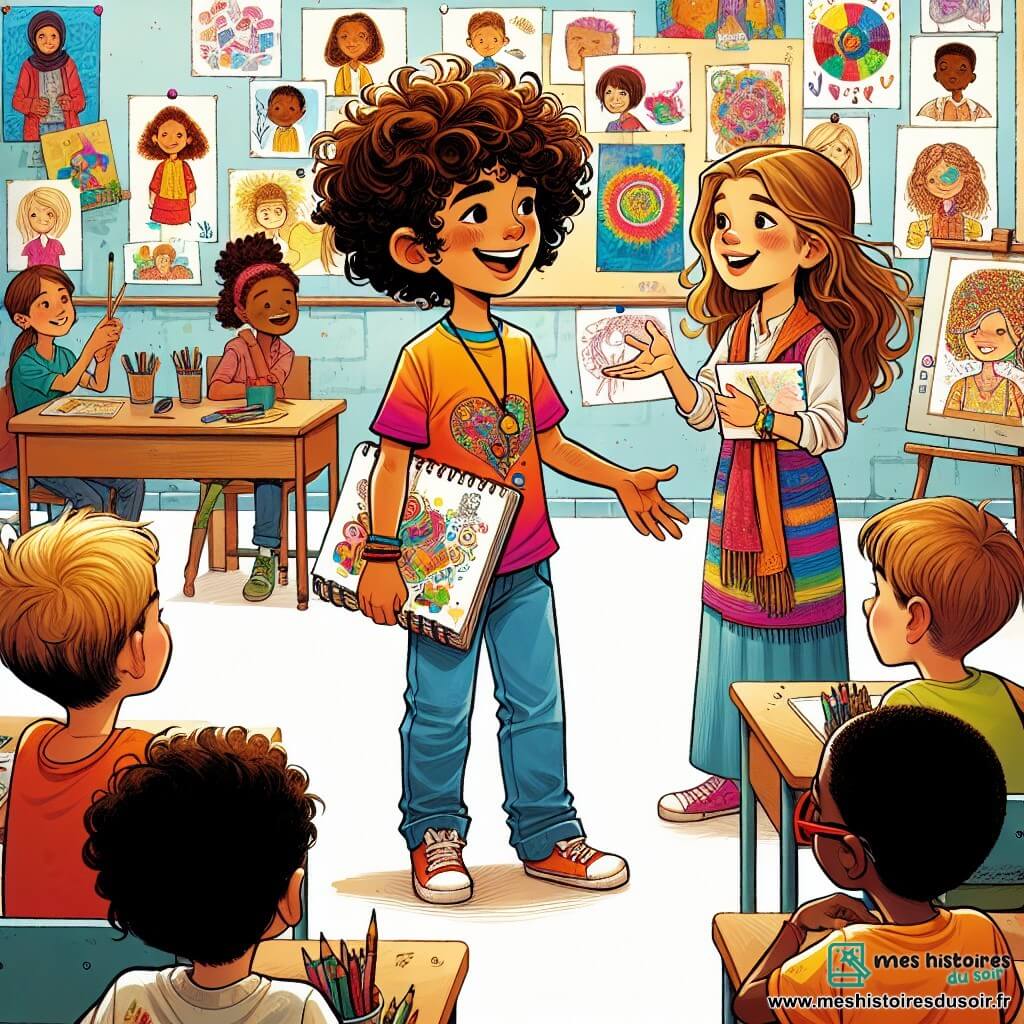 Une illustration sous forme de dessin destinée aux enfants représentant une salle de classe lumineuse aux murs décorés de dessins d'élèves, où un garçon de 12 ans aux cheveux bouclés et à la peau mate, vêtu d'un t-shirt coloré, se tient debout avec un carnet de croquis à la main, s'adressant avec enthousiasme à une fille d'origine algérienne, aux cheveux longs et bruns, qui sourit timidement tout en tenant un livre ouvert, alors qu'ils discutent ensemble de leur projet artistique sur la diversité et le respect, entourés d'autres élèves curieux qui les écoutent avec attention.