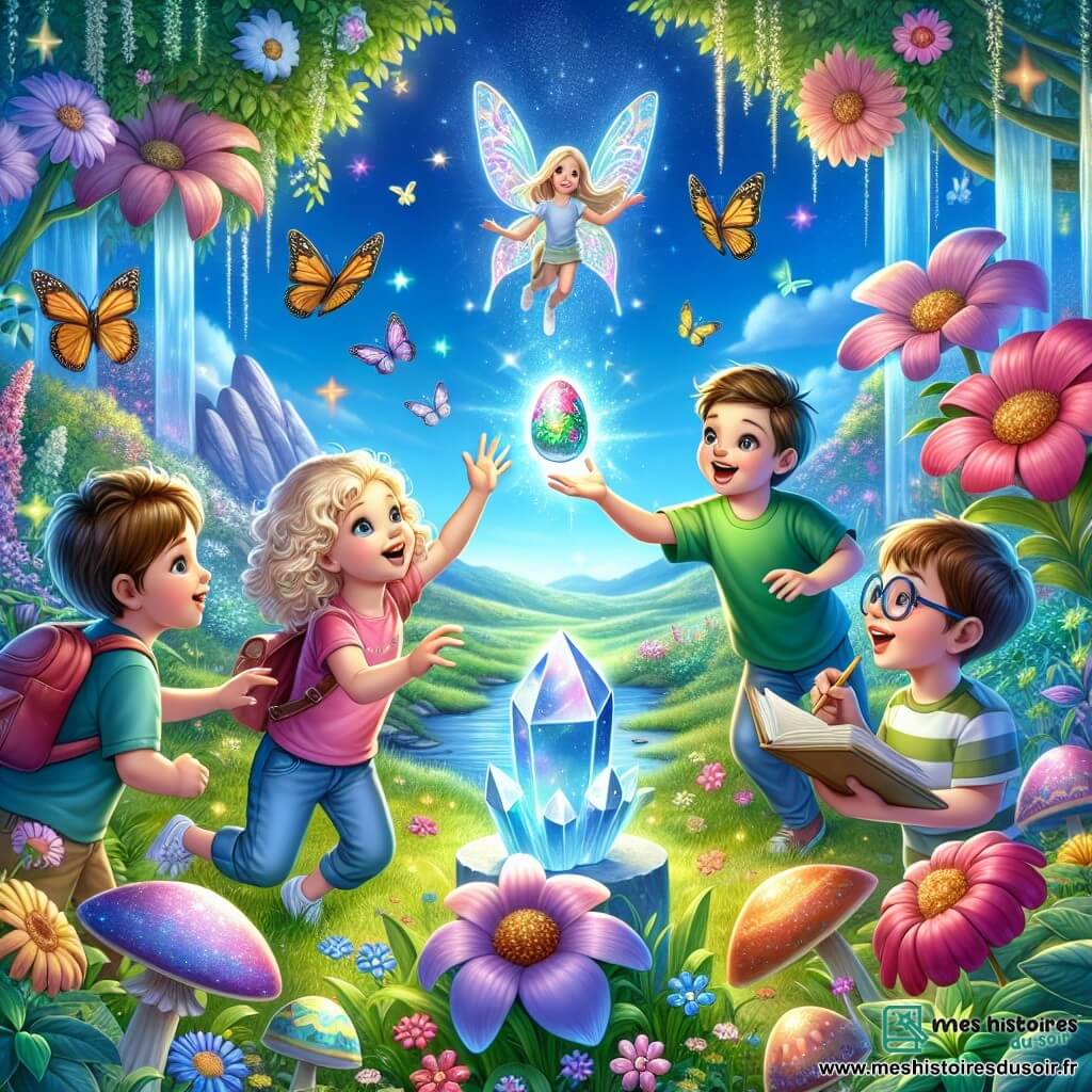 Illustration destinée aux enfants représentant un jardin enchanté, rempli de fleurs géantes aux couleurs éclatantes, de ruisseaux scintillants et de papillons multicolores dans un ciel bleu éclatant. Au centre, un groupe de quatre enfants de 11 ans : une fille aux cheveux bouclés et blonds, portant une robe rose, qui tend la main vers un œuf magique brillant posé sur un piédestal de cristal ; un garçon aux cheveux bruns et courts, vêtu d'un t-shirt vert, qui regarde avec émerveillement ; une autre fille aux cheveux raides et bruns, en salopette bleue, qui sourit joyeusement ; et un garçon aux lunettes, avec des cheveux châtains, qui prend des notes sur un carnet. En arrière-plan, une fée lumineuse, petite et pétillante, flotte au-dessus d'eux, les guidant avec un sourire. L'atmosphère est magique, remplie de lumière et de joie, capturant l'esprit d'aventure et d'amitié de cette chasse aux œufs de Pâques.