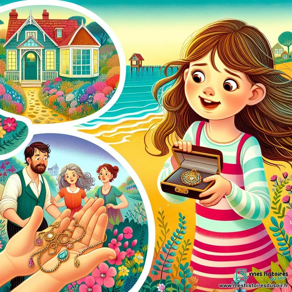 Une illustration destinée aux enfants représentant une jeune fille curieuse et pleine d'énergie, confrontée à la disparition mystérieuse d'un collier précieux, accompagnée de ses parents aimants, dans une petite maison colorée au bord de la mer, entourée de jardins fleuris et de plages de sable doré.