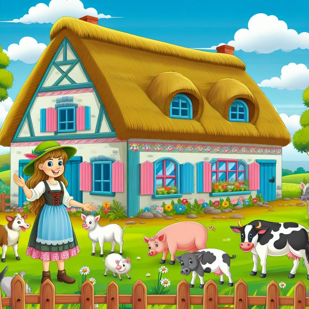 Une illustration destinée aux enfants représentant une jeune femme passionnée par l'agriculture, entourée d'animaux et de champs verdoyants, dans une ferme pittoresque au toit de chaume et aux volets colorés.