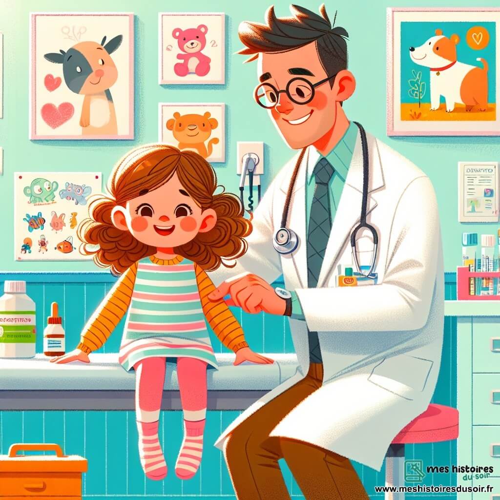 Une illustration sous forme de dessin destinée aux enfants représentant un cabinet médical coloré et accueillant, avec des murs ornés de dessins d'animaux et de posters éducatifs, où un médecin homme, d'une trentaine d'années, portant une blouse blanche et des lunettes, sourit tout en examinant une petite fille aux cheveux bruns et bouclés, qui est assise sur la table d'examen, l'air un peu inquiet mais curieux, tandis qu'un stéthoscope pend autour du cou du médecin et qu'un flacon de sirop est posé sur la table à côté d'eux, illustrant la scène où le médecin rassure la fillette en lui administrant un médicament pour soulager son mal de gorge.