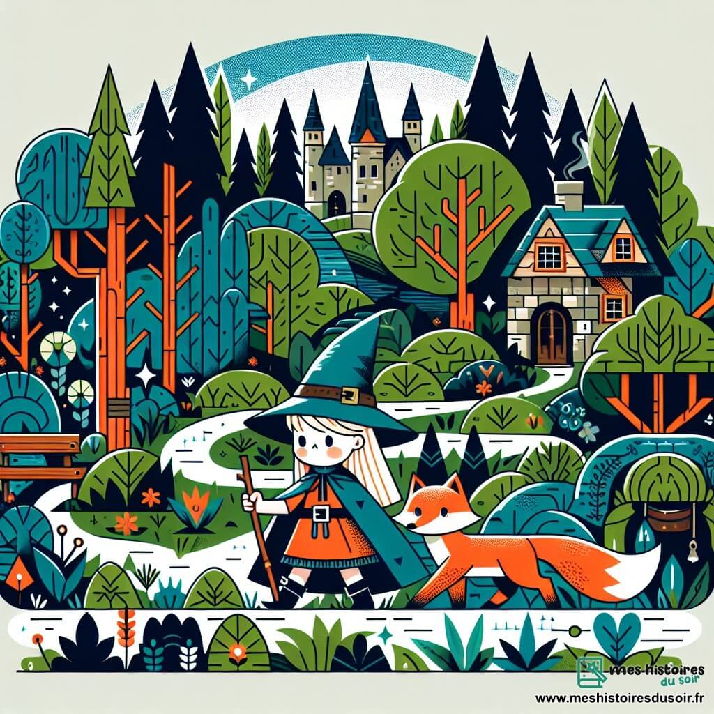 Une illustration destinée aux enfants représentant une jeune sorcière courageuse affrontant les ténèbres d'une forêt interdite, accompagnée de son fidèle renard magique, dans un village enchanteur niché au cœur d'une vallée verdoyante.