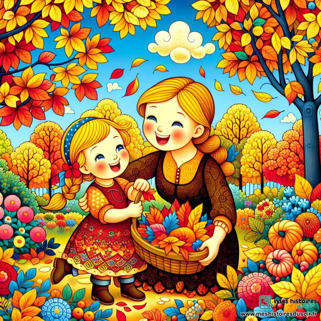 Une illustration destinée aux enfants représentant une fillette joyeuse ramassant des feuilles colorées avec sa maman dans un jardin aux arbres rouge, orange et jaune, sous un ciel bleu parsemé de nuages blancs.