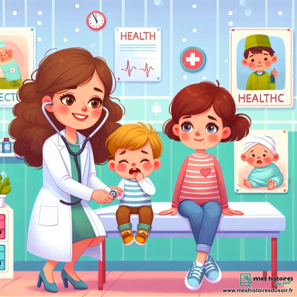 Une illustration sous forme de dessin destinée aux enfants représentant une salle de consultation lumineuse et colorée, avec des posters de santé sur les murs, où une femme médecin aux cheveux bruns et bouclés, portant une blouse blanche, sourit chaleureusement en tenant un stéthoscope, tandis qu'un petit garçon aux cheveux blonds et aux joues roses, assis sur la table d'examen, éternue doucement avec un air un peu inquiet, et une petite fille aux cheveux châtains, avec un bandage sur le genou, regarde avec curiosité, créant une atmosphère de réconfort et de bienveillance.