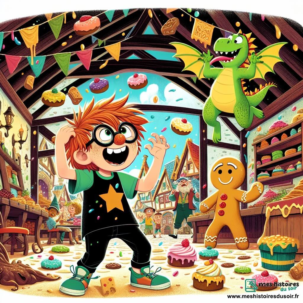 Une illustration sous forme de dessin destinée aux enfants représentant une scène colorée et joyeuse dans le Royaume de Bric-à-Brac, où un garçon de 11 ans aux cheveux en bataille, portant des lunettes glissantes sur son nez et un t-shirt à l'envers, se tient au centre, riant tout en essayant d'attraper des gâteaux volants qui tombent du plafond d'une auberge pittoresque, entouré de deux personnages secondaires : un petit dragon vert acide aux ailes brillantes, battant des ailes avec enthousiasme, et un bonhomme de pain d'épices souriant, qui les observe avec amusement, tandis qu'une pluie de gâteaux colorés illumine l'atmosphère magique et ludique de la scène.