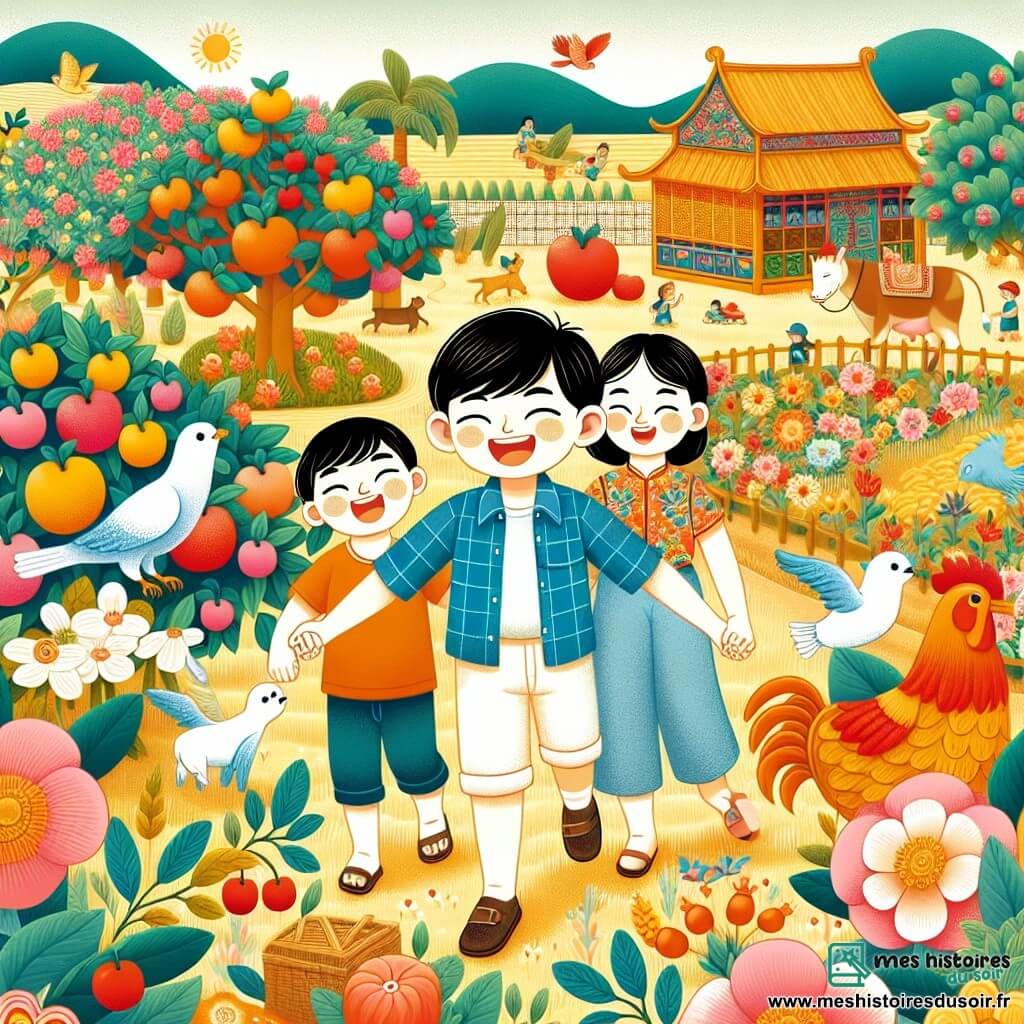 Une illustration destinée aux enfants représentant un petit garçon plein d'énergie en vacances d'été, accompagné de sa famille, explorant un jardin luxuriant rempli de fleurs colorées, d'arbres fruitiers et d'animaux joyeux à la campagne.