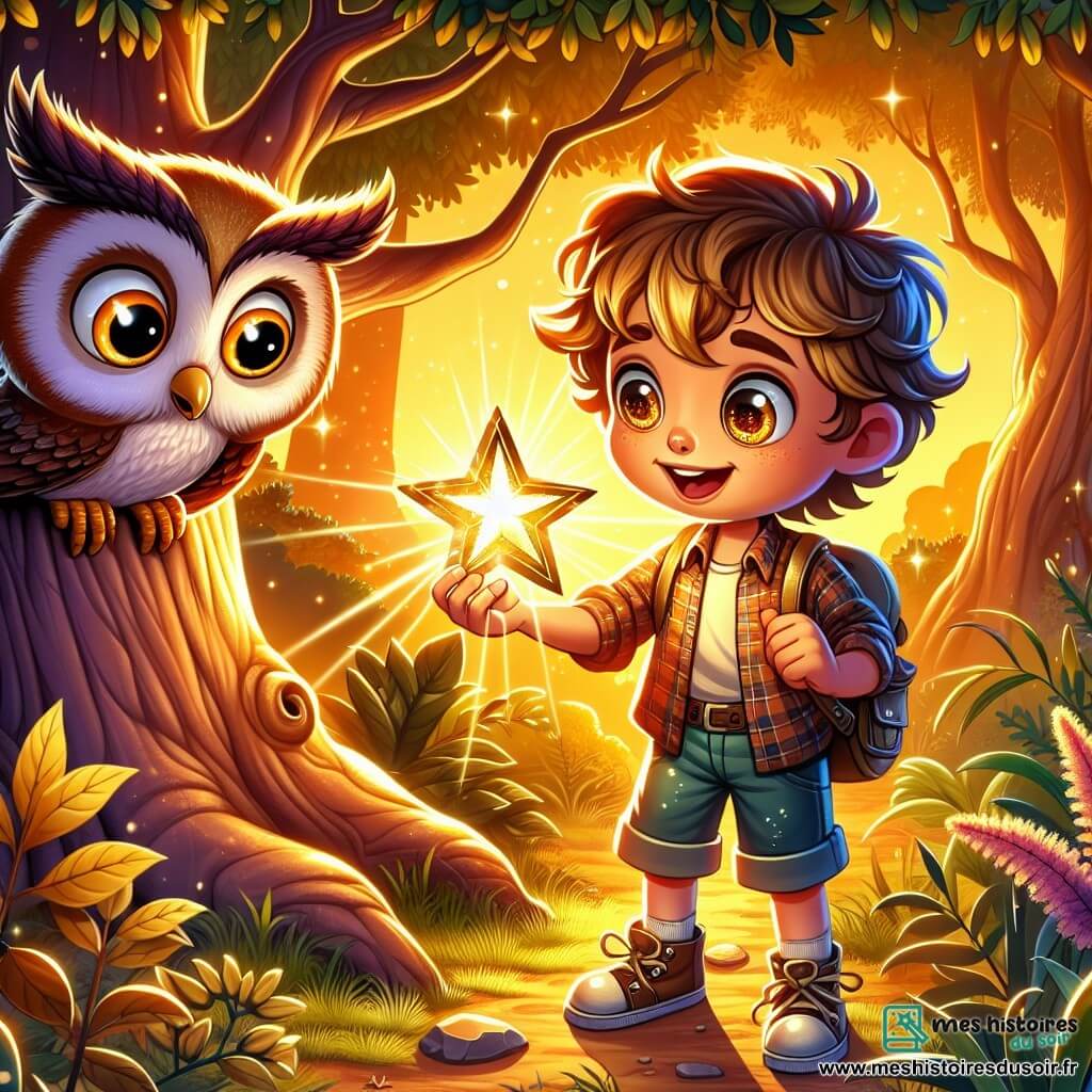 Une illustration sous forme de dessin destinée aux enfants représentant un jardin enchanté baigné par la lumière dorée du soleil couchant, où un garçon de 9 ans aux cheveux bouclés et aux yeux pétillants, vêtu d'une chemise à carreaux et de shorts, observe avec émerveillement une boussole en forme d'étoile qui scintille dans sa main, tandis qu'un grand arbre aux feuilles d'or, avec un visage amical, se penche vers lui, et une chouette sage aux yeux ronds et brillants se perche sur une branche, tous deux l'encourageant à découvrir les secrets des étoiles et à embrasser l'aventure qui l'attend.