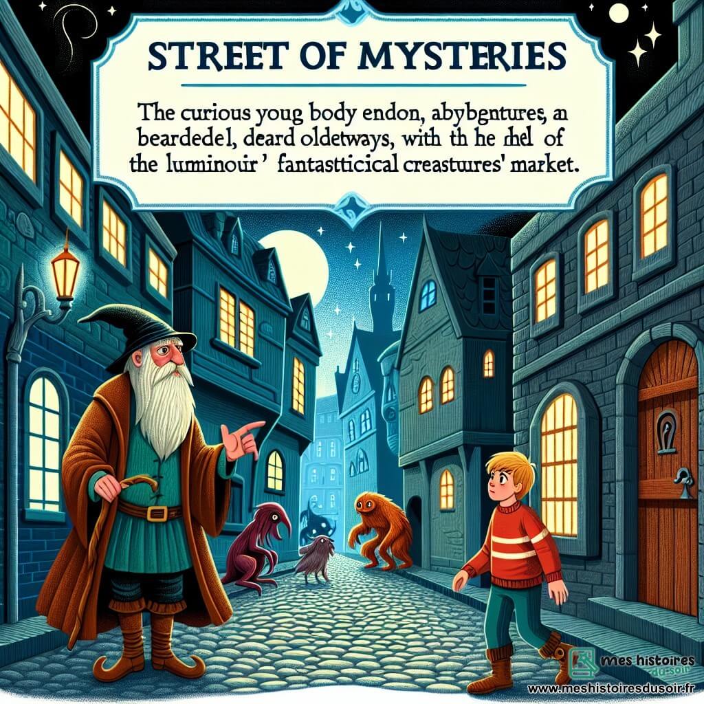 Une illustration destinée aux enfants représentant un jeune garçon curieux se lançant dans une aventure magique avec l'aide d'un vieux magicien barbu, dans la mystérieuse rue des Mystères aux maisons anciennes, ruelles sombres et marché aux créatures fantastiques de Luminoir.