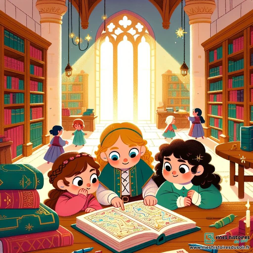 Illustration d'une bibliothèque magique et lumineuse, avec des étagères en bois remplies de livres colorés. Au centre, une grande table en bois supporte un vieux livre poussiéreux à la couverture rouge ornée de lettres dorées brillantes. Trois petites filles d'environ quatre ans sont réunies autour de la table. La première, aux cheveux bouclés et bruns, porte une robe rose et a des yeux pétillants de curiosité. La deuxième, avec des cheveux blonds tressés et une robe bleue, regarde la carte avec un sourire malicieux. La troisième, aux cheveux châtains et lisses, est vêtue d'une robe verte et tient le livre ouvert avec émerveillement. Elles examinent une carte mystérieuse qui semble les mener vers une porte secrète. Des indices colorés, comme une peluche de chat et un crayon rouge, sont éparpillés autour d'elles, ajoutant du mystère à la scène. La lumière douce du soleil filtre à travers les fenêtres, créant une ambiance chaleureuse, idéale pour une aventure de petits enquêteurs.