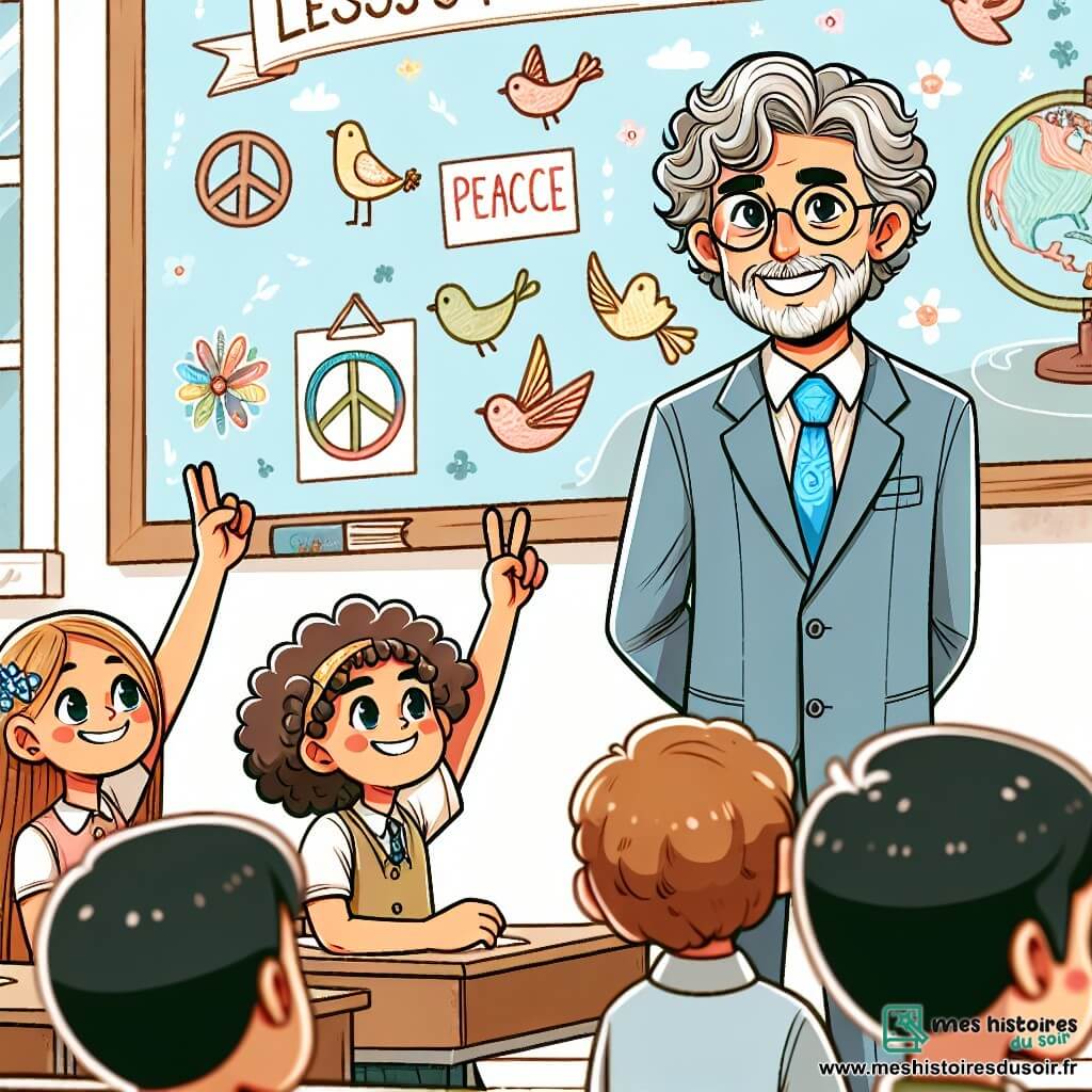Une illustration sous forme de dessin destinée aux enfants représentant une salle de classe colorée, où un homme aux cheveux poivre et sel, portant une cravate bleu ciel et un sourire chaleureux, se tient debout devant un groupe d'enfants, dont une fille aux cheveux bouclés qui lève la main avec curiosité et un garçon aux lunettes qui écoute attentivement, alors qu'ils discutent des leçons de paix et de solidarité tirées des expériences de vie de l'homme, entourés de dessins d'oiseaux et de mots inspirants sur la paix accrochés aux murs.