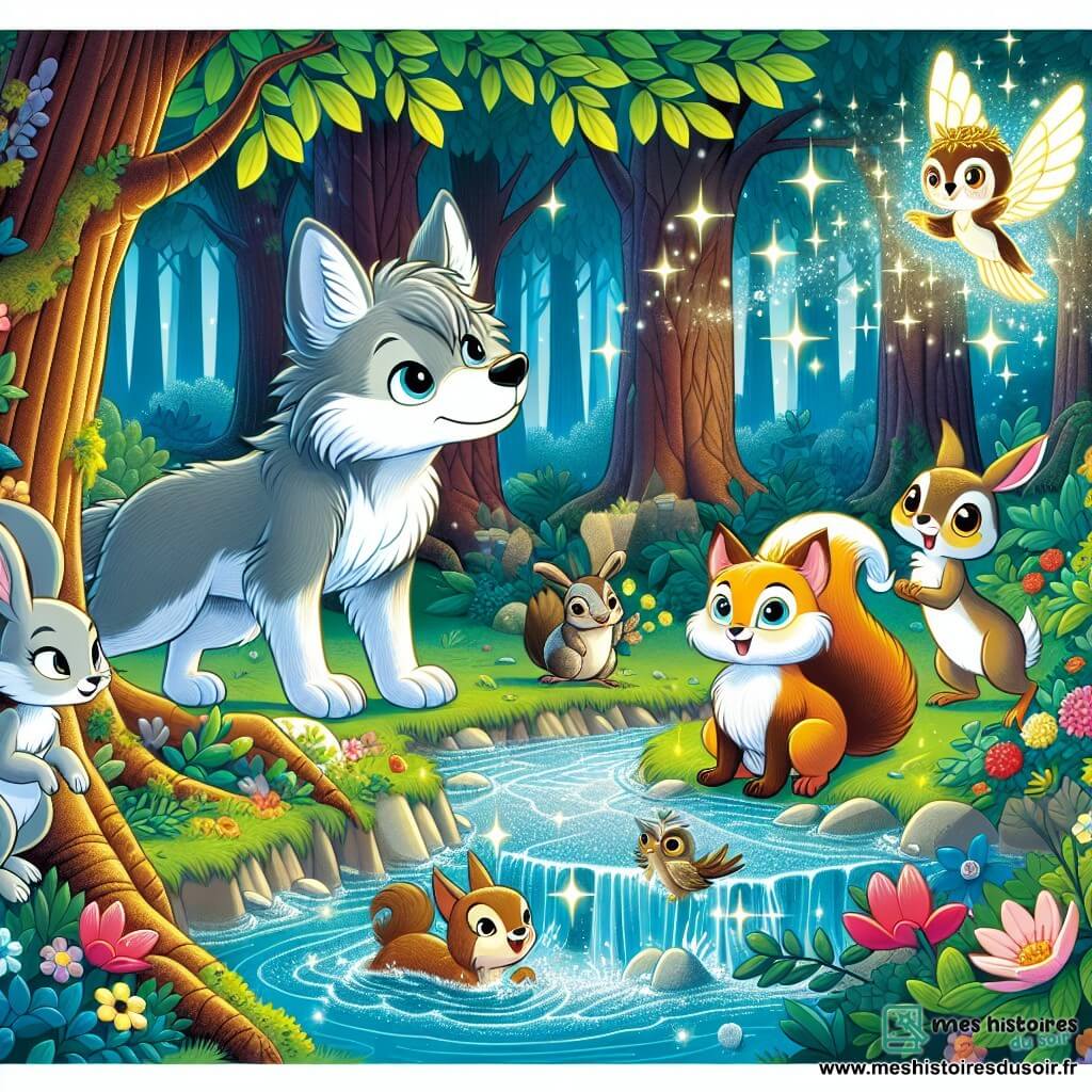 Une illustration sous forme de dessin destinée aux enfants représentant une forêt enchantée, avec des arbres aux feuilles scintillantes et des fleurs colorées, où un loup à la fourrure grise et douce, au regard curieux, se tient près d'un ruisseau étincelant, entouré de ses amis : un petit lapin aux grandes oreilles blanches, un écureuil malicieux avec une queue touffue et un hibou sage aux plumes dorées, tous ensemble, émerveillés par la magie d'une fée des rivières qui leur révèle un secret, tandis que des éclats de lumière dansent autour d'eux, symbolisant la gentillesse et l'amitié.