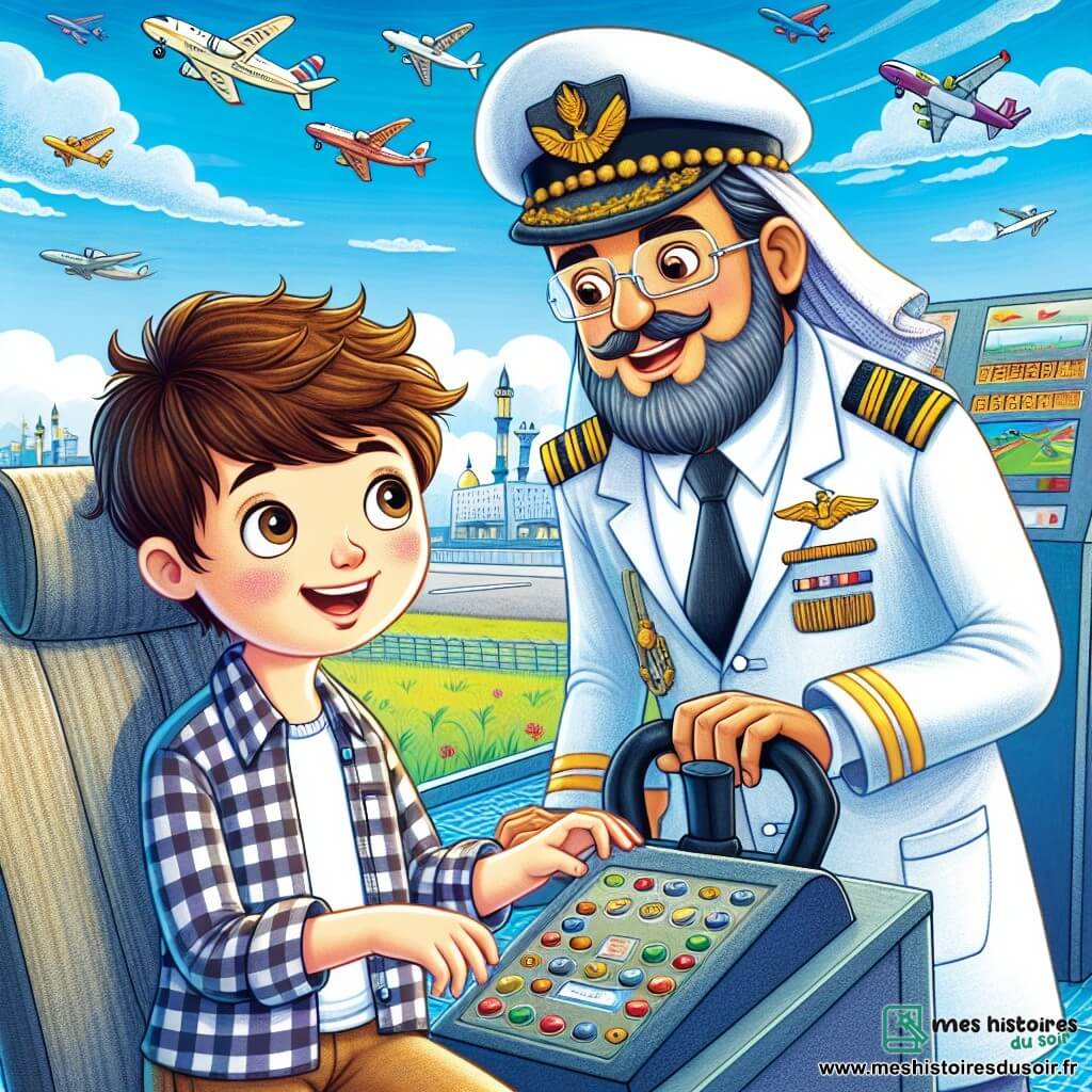 Une illustration sous forme de dessin destinée aux enfants représentant un aéroport animé sous un ciel bleu éclatant, avec un jeune garçon aux cheveux châtains en bataille et aux yeux curieux, vêtu d'une chemise à carreaux et d'un pantalon en toile, assis dans un simulateur de vol, le visage illuminé par l'excitation, tandis qu'un homme en uniforme de pilote, avec une veste ornée d'insignes dorés et un chapeau blanc, se penche vers lui avec un sourire encourageant, expliquant les commandes de l'avion, tandis qu'en arrière-plan, des avions colorés décollent et atterrissent, créant une atmosphère d'aventure et de rêve.