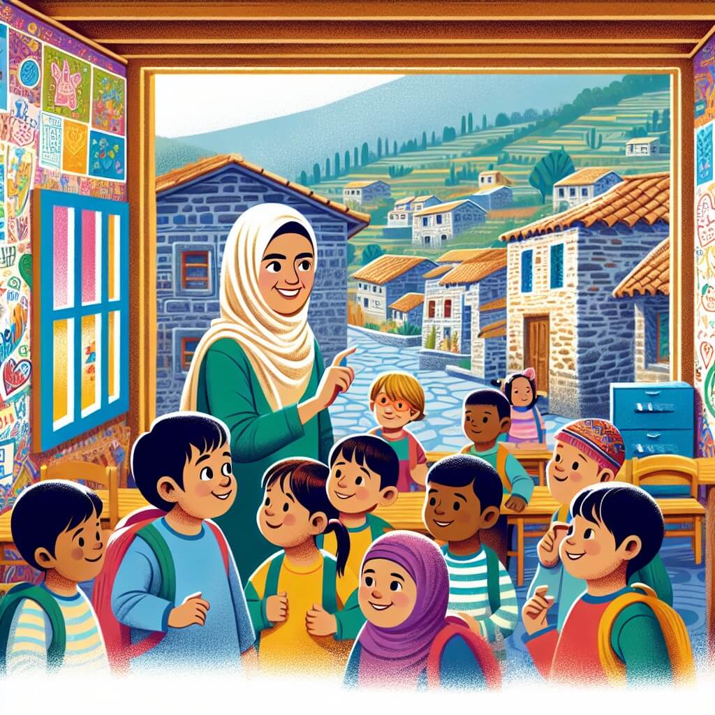 Une illustration destinée aux enfants représentant une jeune femme bienveillante, entourée d'enfants curieux et souriants, dans une salle de classe colorée avec des murs couverts de dessins et de mots d'encouragement, située dans un village pittoresque aux rues étroites bordées de maisons en pierre.
