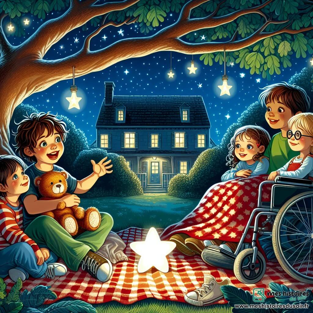Illustration d'une scène nocturne dans le jardin d'une maison, sous un grand chêne illuminé par une veilleuse en forme d'étoile. Le ciel est étoilé et une brise légère fait danser les feuilles. Au premier plan, une fille de 8 ans, avec des cheveux bouclés et un sourire éclatant, est assise sur une couverture à carreaux rouges et blancs. À côté, un garçon de 9 ans, énergique avec des cheveux bruns en bataille, raconte une blague, les bras écartés. Un autre garçon de 8 ans, portant des lunettes rondes, écoute attentivement. Enfin, une fille de 9 ans, dans un fauteuil roulant, sourit en tenant un petit ours en peluche. Les enfants partagent leurs peurs du noir dans une ambiance chaleureuse, tandis que la veilleuse crée des ombres douces autour d'eux. Des peluches sont éparpillées sur la couverture, et des ombres dansent sur les murs du jardin, évoquant une atmosphère magique et rassurante.