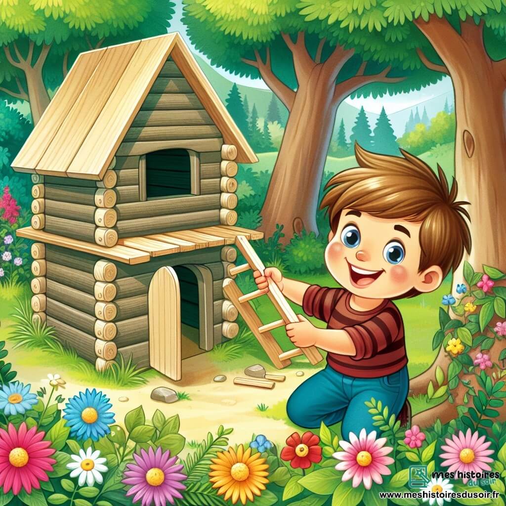 Une illustration destinée aux enfants représentant un petit garçon plein d'enthousiasme rencontrant un nouvel ami garçon, construisant une cabane secrète en bois dans un jardin verdoyant aux fleurs multicolores.