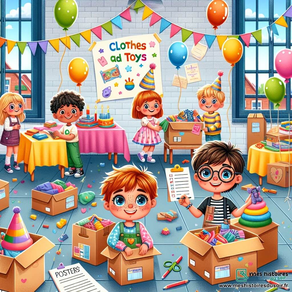 Illustration d'une salle des fêtes d'une école, décorée de nappes colorées et de ballons. Les murs portent des affiches annonçant un événement de collecte de vêtements et de jouets. Au centre, un groupe d'enfants s'affaire joyeusement. Un garçon de neuf ans, cheveux en bataille et yeux pétillants, sourit en tenant une boîte de jouets. À ses côtés, une fille rousse aux taches de rousseur dessine des affiches avec des crayons de couleur. Un autre garçon, timide et portant des lunettes rondes, consulte une liste, montrant son engagement. La scène reflète l'excitation et la solidarité des enfants organisant une collecte pour aider les familles dans le besoin, avec des cartons de vêtements et un stand de gâteaux. L'atmosphère est joyeuse et pleine d'espoir, illustrant l'esprit de partage et de générosité.